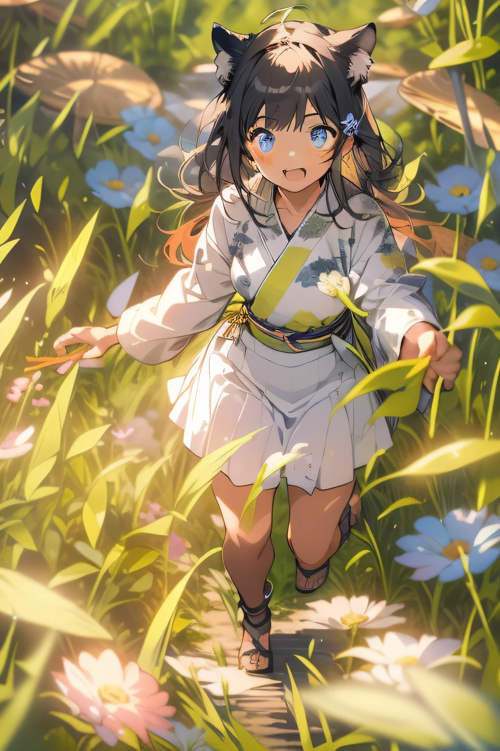1girll,Rural fields,the setting sun,Crepuscular Rays,Shiba dog,blue color eyes,ricefield,volumettic light,Perspective composition,Wheat,Lively and cute girl,8K,Cinematic lighting effects,Textured skin,best qualtiy,Storytelling images,Ambient lighting,dynamic blur,actionpose,tmasterpiece,A masterpice,