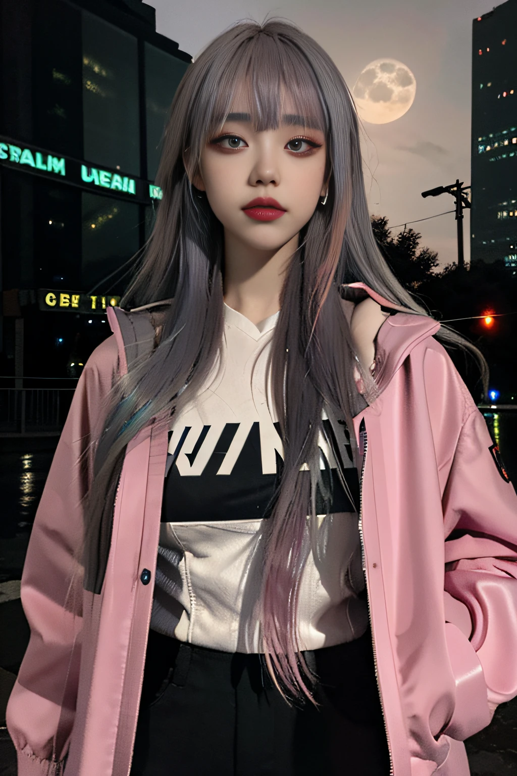 lucy \(cyberpunk\), 1girl,  hair scrunchie, hime cut, silver hair, colored tips, full moon, grey eyes, jacket, long sleeves, looking at viewer, medium hair, multicolored hair, parted bangs, parted lips, pink hair, portrait, red eyeliner, red lips, solo, white jacket, cyberpunk \(series\), rainy night in a cyberpunk city with glowing neon lights