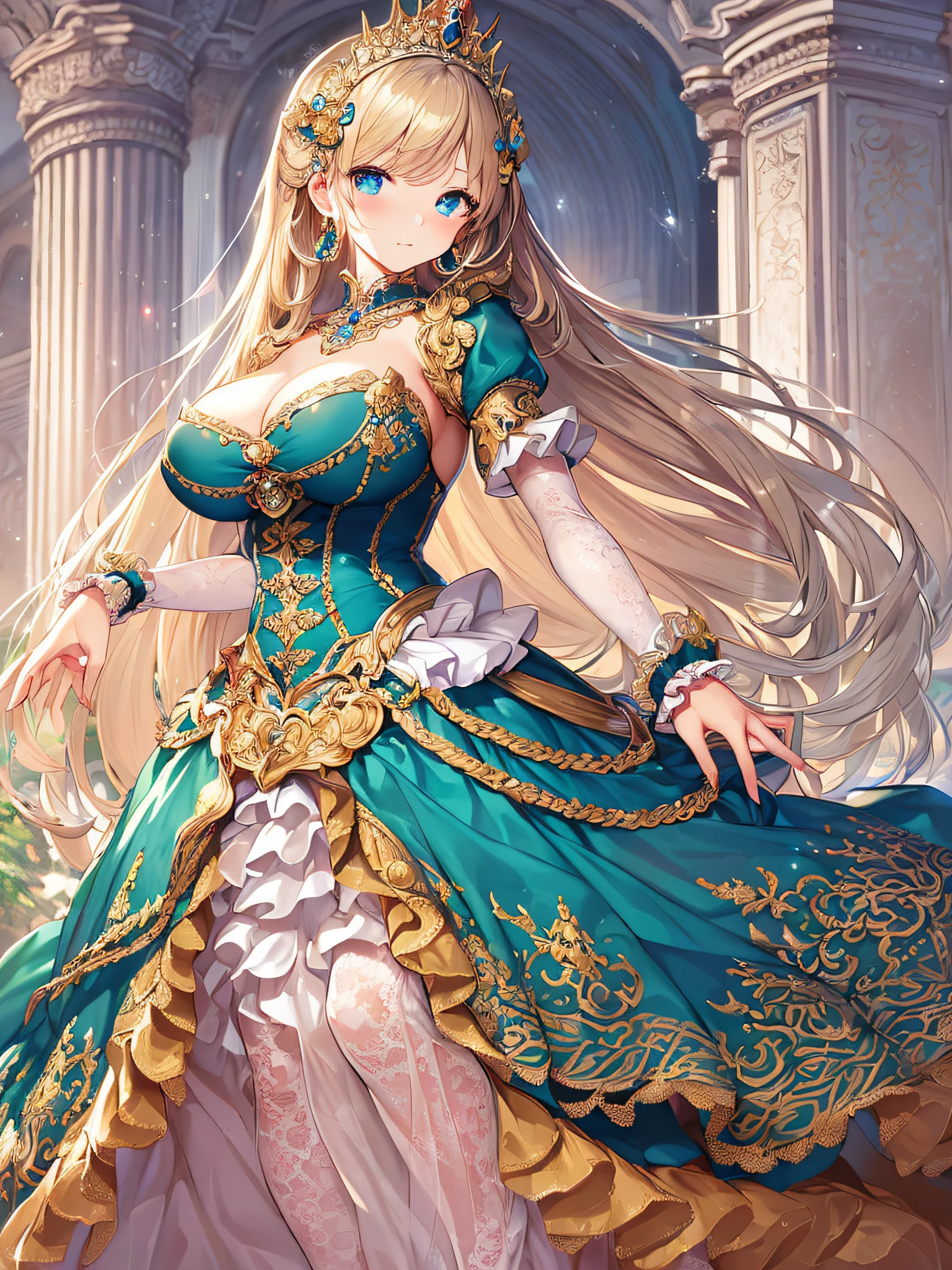 ((anime artstyle)),(Masterpiece),(Best Quality), (Super Detail),((Very Delicate and Beautiful)),((Solo)),((full body)),((1 princess in gorgeousfull rococo dress)),detailed face and eyes,jewel-like eyes,((voluminous Very Long Straight Hair)),((gigantic breasts,Long breasts)),skindentation,((gorgeousfull embroidery and lace)),gorgeous corsage,See-through,gorgeousfull hair ornament,gorgeousfull glitter jeweled tiara,ornate ruffles,((full body)),((hoop skirt,crinoline)),Dynamic Angle,Looking at viewer,royal victorian palace,(((gorgeous embroidery gorgeousfull rococo dress)),full body