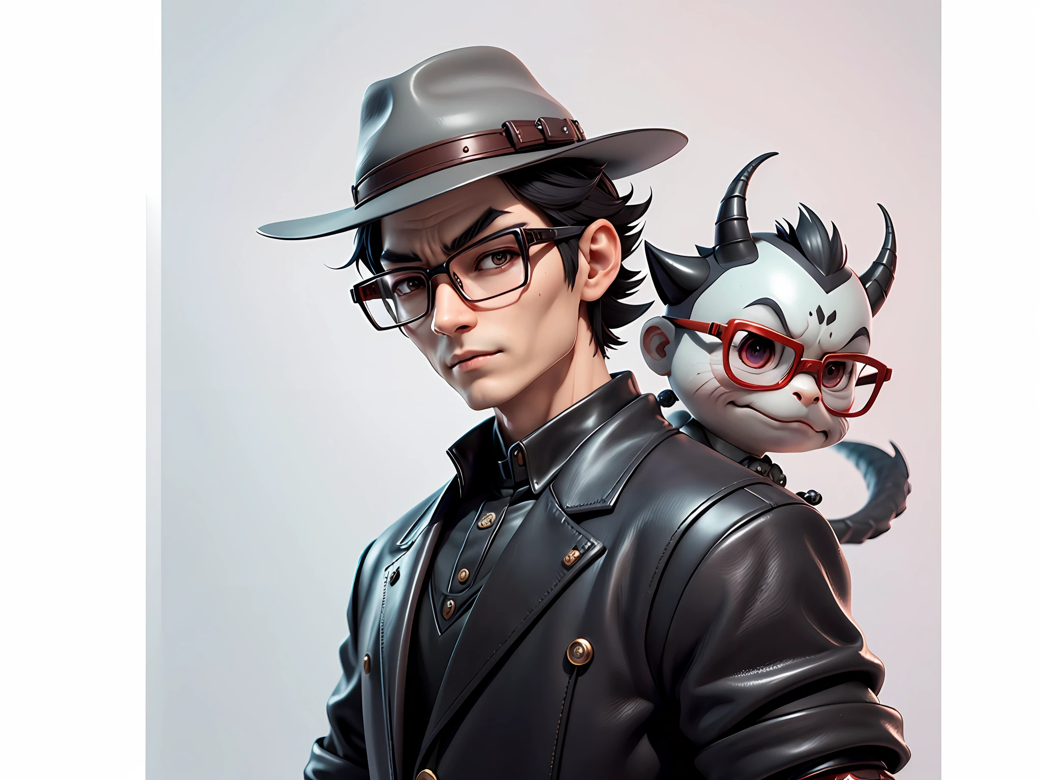 Young man with oriental face in leather hat, dragon, formal suit, short black hair, silver glasses, digital painting, 3D character design by Mark Clairedon and Pixar and Hayao Miyazaki and Akira Toriyama, the illustration is a high-definition illustration in 4K resolution with very detailed facial features and cartoon-style visuals.