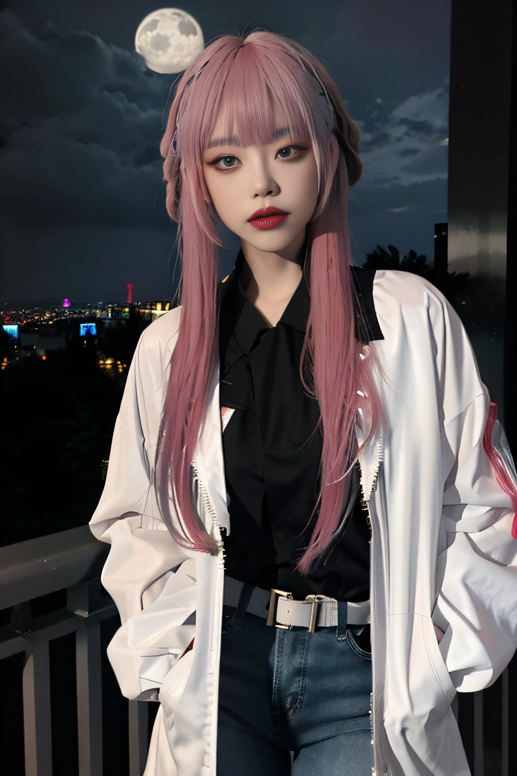 lucy \(cyberpunk\), 1girl, hair scrunchie, hime cut, silver hair, colored tips, full moon, grey eyes, jacket, long sleeves, looking at viewer, medium hair, multicolored hair, parted bangs, parted lips, pink hair, portrait, red eyeliner, red lips, solo, white jacket, cyberpunk \(series\), rainy night in a cyberpunk city with glowing neon lights