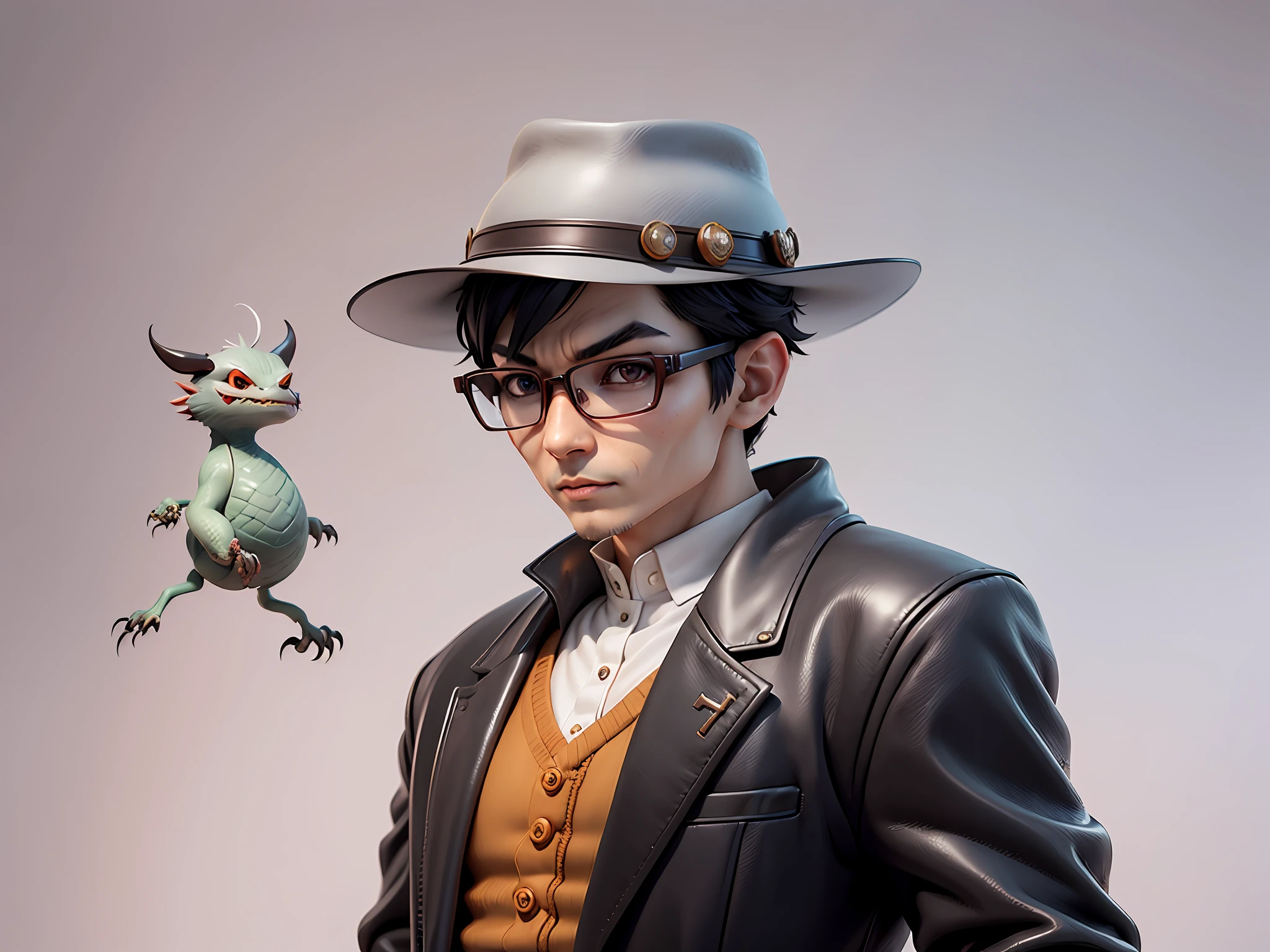 Young man with oriental face in leather hat, dragon, formal suit, short black hair, silver glasses, digital painting, 3D character design by Mark Clairedon and Pixar and Hayao Miyazaki and Akira Toriyama, the illustration is a high-definition illustration in 4K resolution with very detailed facial features and cartoon-style visuals.