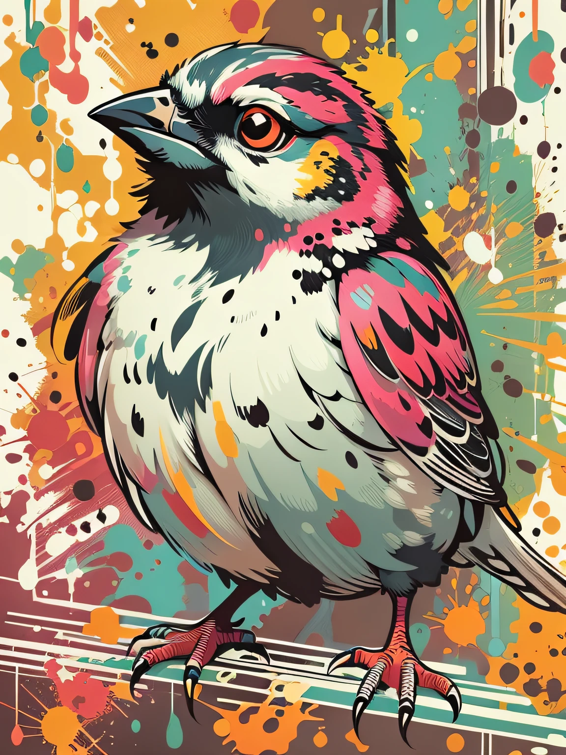 vector art, Colorful graffiti illustration of cute little sparrow, Bright colors, paint splashes and blots, high detail, whitebackground