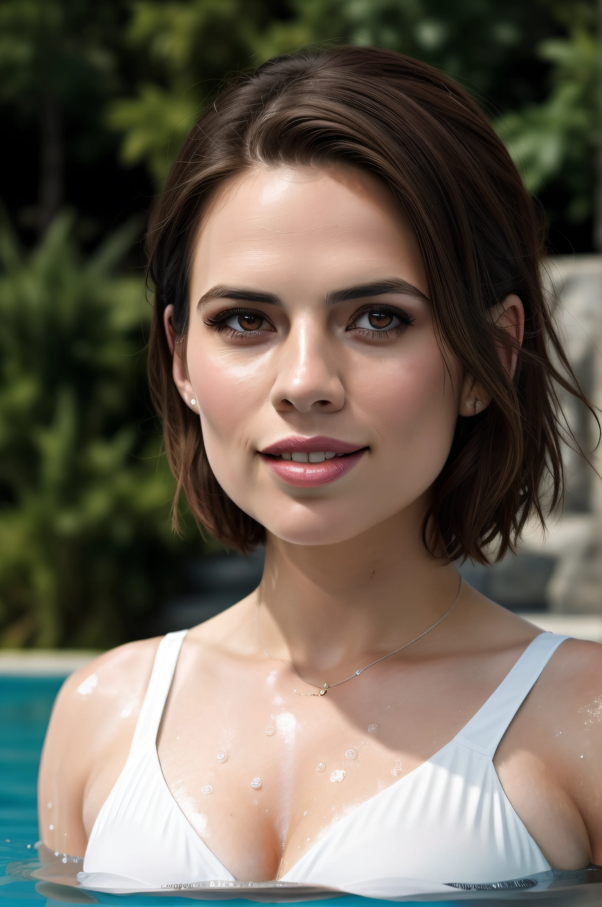 Beautiful woman, Hayley Atwell, dressed in a white bikini, standing in the water of a swimming pool, waist deep in water, looking directly up at the camera, (short pixie hair), detailed eyes, (detailed realistic face), blush, confident smile, highly detailed, modelshoot style, (extremely detailed CG unity 8k wallpaper), (camera far away), photo of the most beautiful artwork in the world, fashion top model, Victoria's Secret, trending on ArtStation, trending on CGSociety, Intricate, High Detail, Sharp focus, dramatic, photorealistic painting art by midjourney, strong sunlight