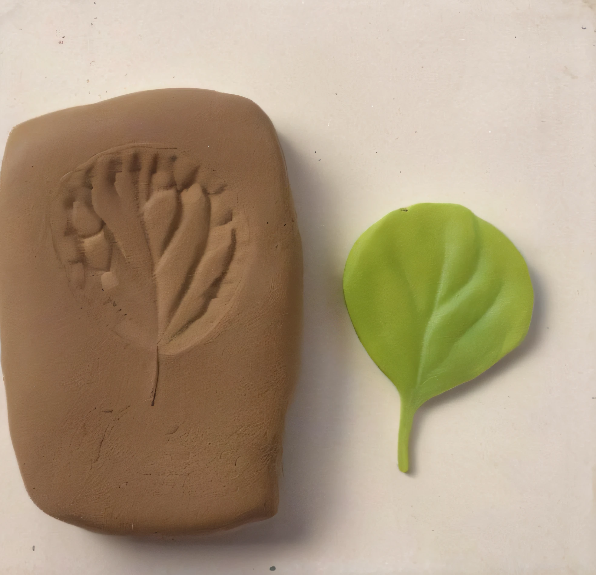 There is a small green leaf next to it,There is a small brown object next to it, clay art, sculpted, ceramics, modelling clay, Clay material, sculpted, soap carving, made out of clay, polymer clay, 1/320, 3 d clay sculpture, plasticine, inspired by Masamitsu Ōta, Hard clay, Clay morphology, Inspired by Joseph Beuys