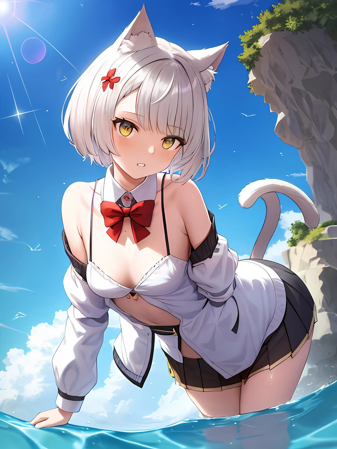 photore,best qualtiy,tmasterpiece,Kizi,White hair,short detailed hair,cat ear,tilts your head,is shy,adolable,Loose clothes,Manteau blanc,Natural stay,Lori huge breasts cleavage,astonishment,exquisite face,having fun,Cat tail,Short stature,Small chest,His face was flushed,short skirt,Two seduced me,in the water