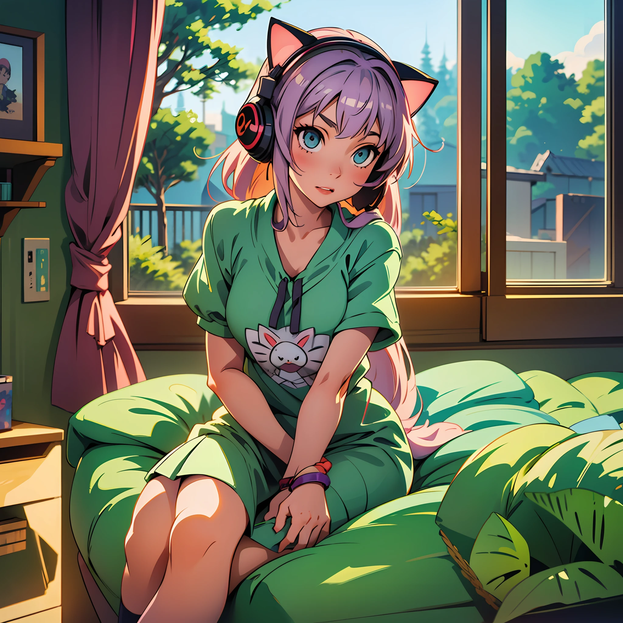 anime, ghibli, girl, twilight, room, headphones, high quality, best quality, detailed limbs, summer clothes, cat --auto --s2