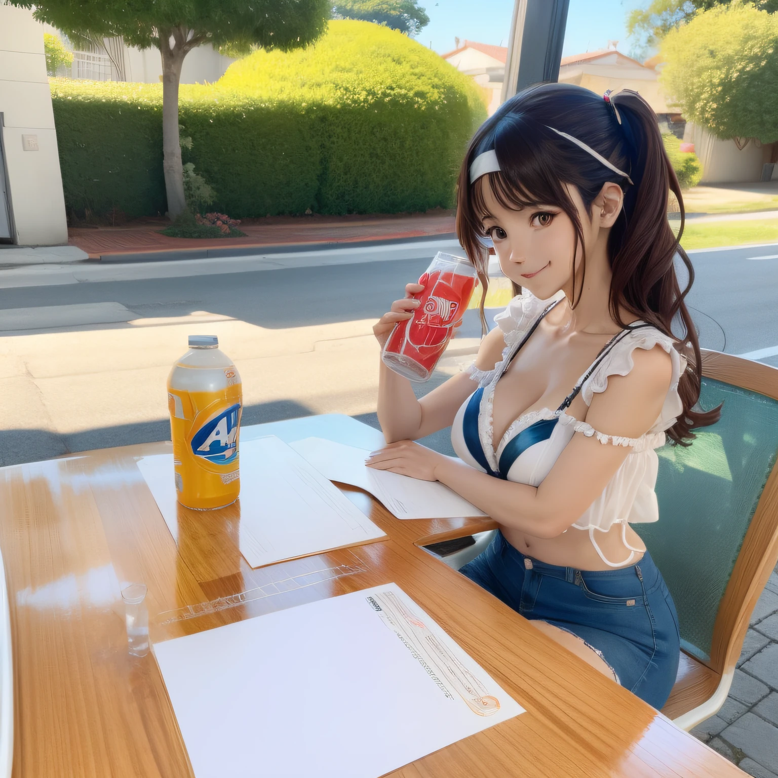 Anime girl with a glass of water in hand, anime girl drinks energy drink,  anime sedutora, anime moe artstyle, menina atraente, arte cg anime suave, com uma bebida, kantai collection style, soda themed girl, Makoto Shinkai e Artgerm, [ Arte digital 4K ]!!, Marin Kitagawa Fanart, uma garota de anime, curvas salientes, mamilos duros