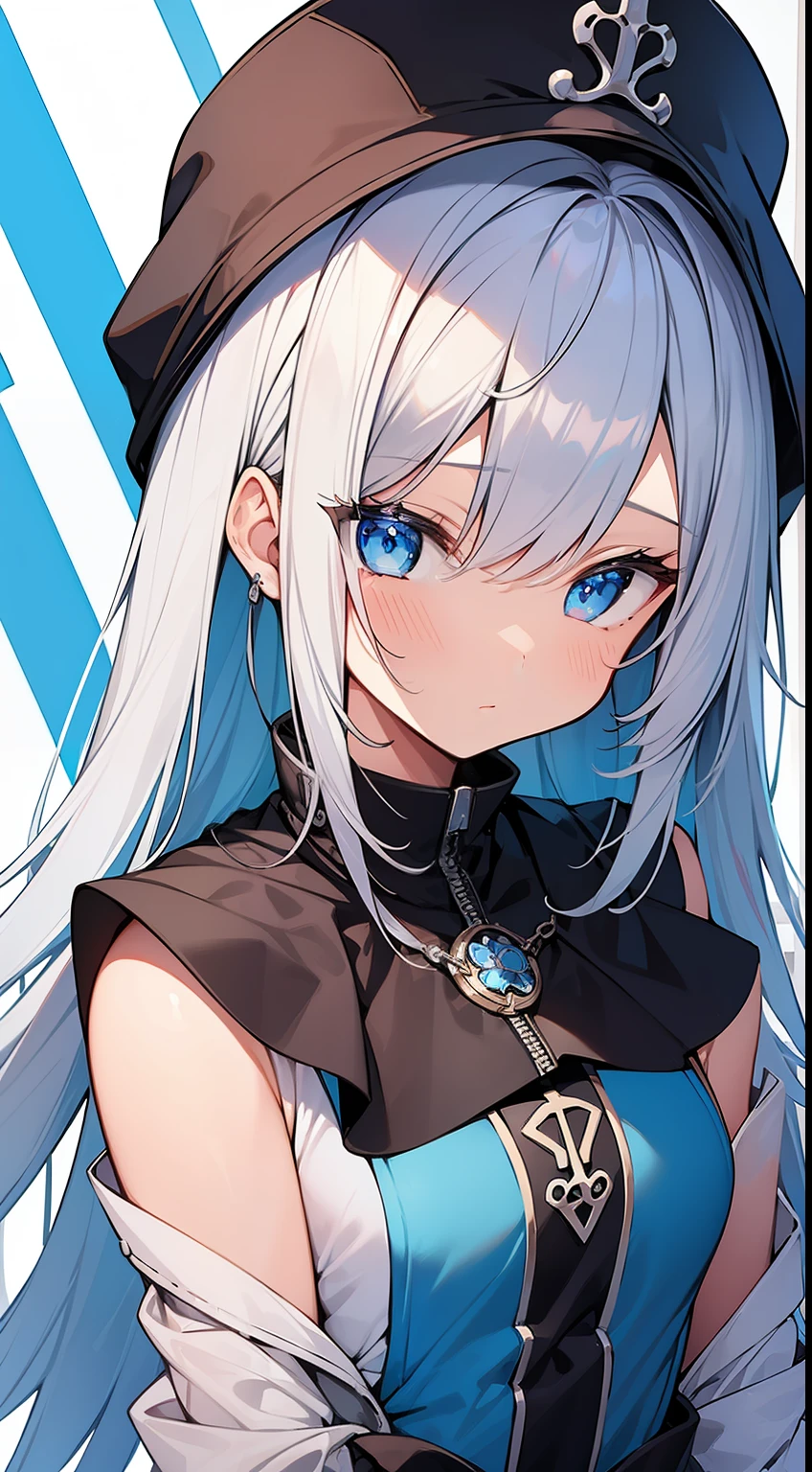 One girl、silber hair、blue eyess、onepiece、cute little、​masterpiece、Top image quality、top-quality、piece sign
