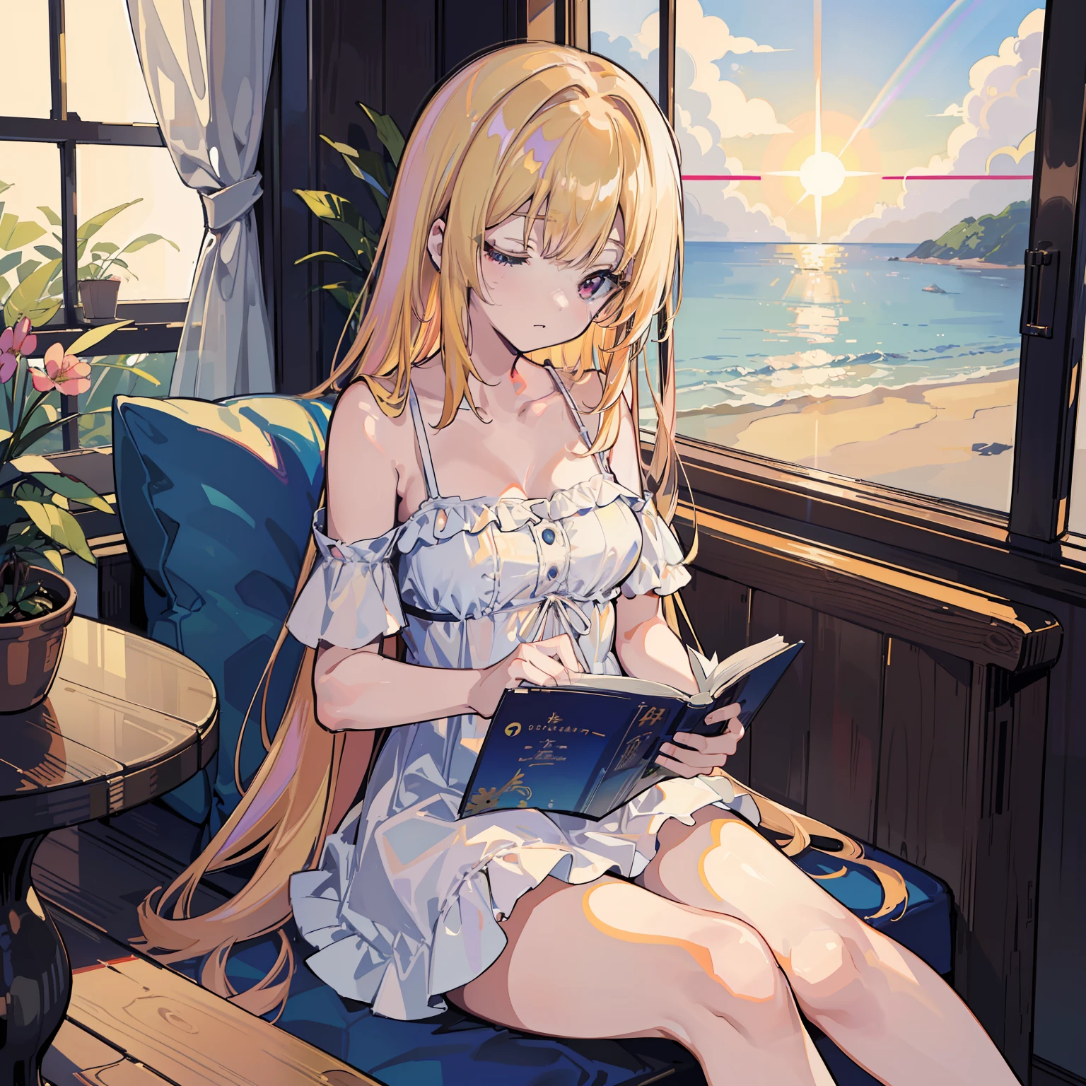 (masutepiece, Fine detail, 4K, 8K, 12K, Solo, Alone, Beautiful Girl, Caucasian Woman, Sitting, Reading, Sleeping, beach house, Indoors, Window light, Rainbow Light、zori、the morning sun