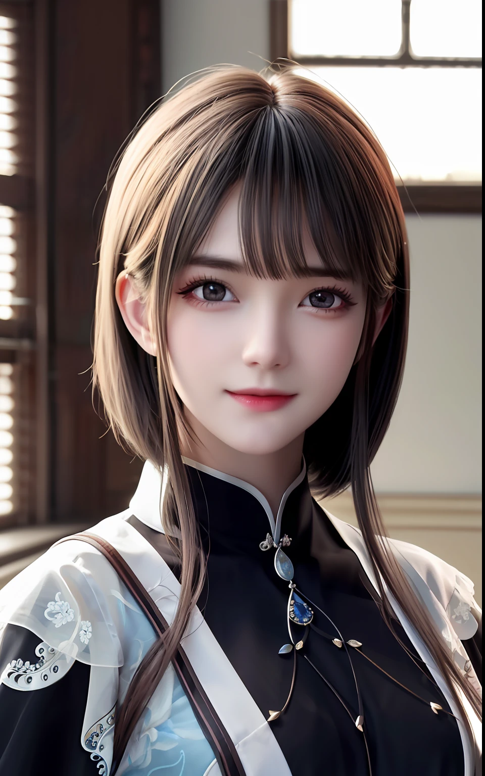 silber hair、ulzzang -6500-v1.1, (Photorealsitic:1.4), animesque、anime styled、ssmile、portraitures、Beautiful, Moist eyes like clear glass、Beautiful detailed woman, extremely detailed eye and face, Beautiful detailed eyes,huge filesize, ultra-detailliert, hight resolution, ighly detailed, top-quality, masterpiece, illustratio, ighly detailed, nffsw, unification, 8k wallpaper, splendid, finely detail, masterpiece, top-quality, Highly detailed ticker uniform 8K wallpaper, Light on the Face、电影灯光、25Year old girl