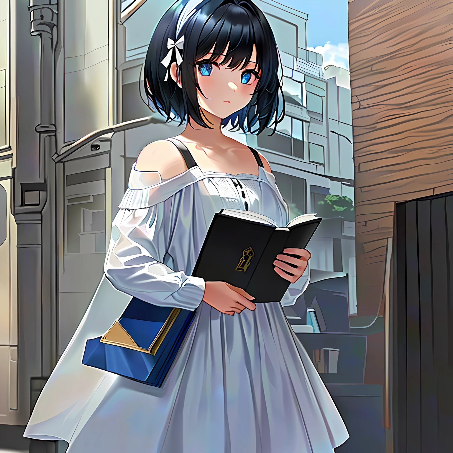 with short black hair，Blue pupil，Dressed in white，teens girl，Book in hand，One guy