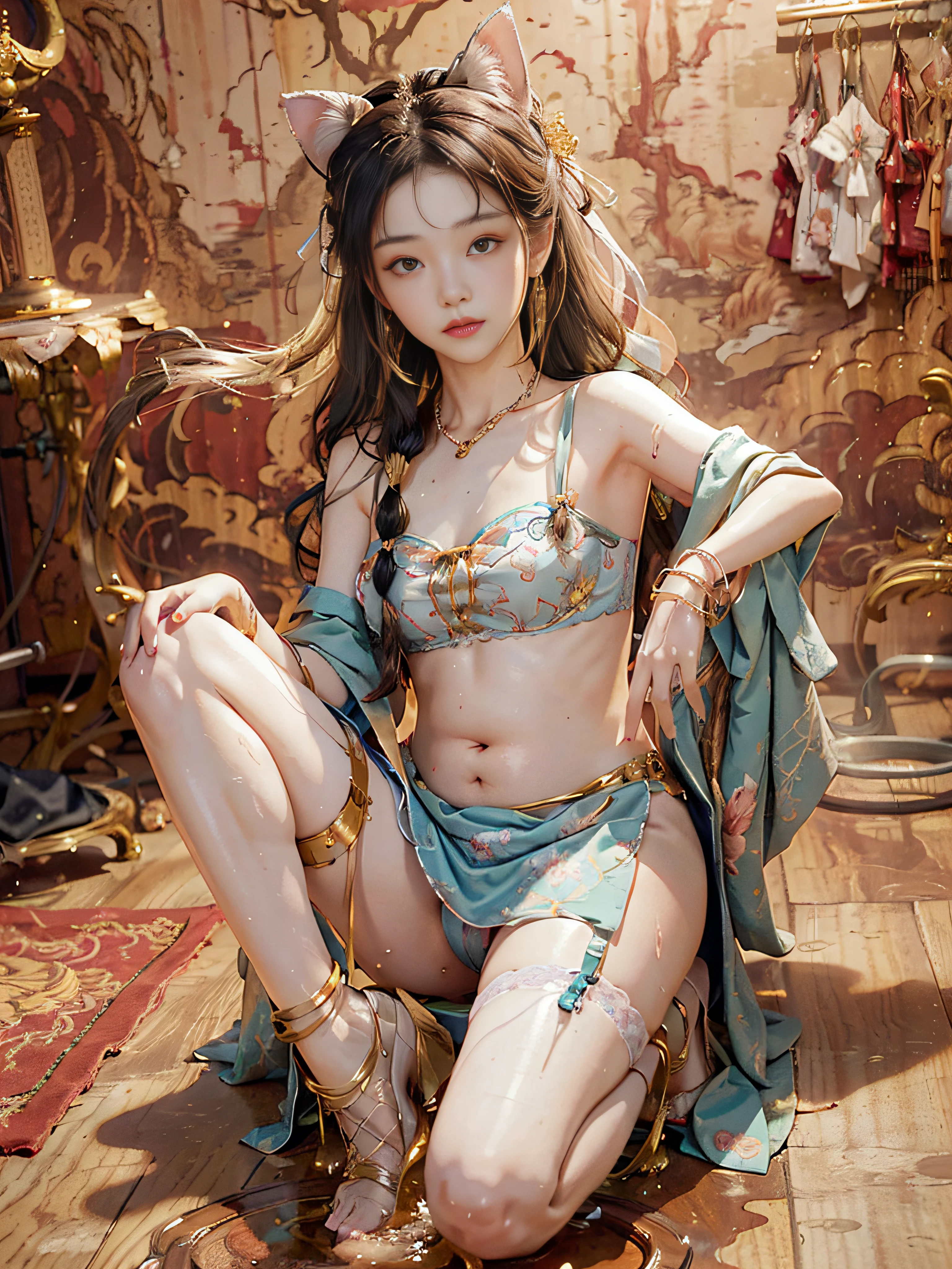 （Hyper-realistic), (illustratio), (A high resolution), (32K), (extremely higly detailed), (Most Best Illustration), (美丽细致的眼睛), (best qualtiy), (ultra - detailed), (tmasterpiece), ( the wallpaper), (Detailed and delicate face), 独奏，peeing self，Pee on the legs，Surrounded by other people，Highly Detailed Face and Skin Textur，Detailed eyes，二重まぶた，Hairpins twist woven balls，Wear large-rimmed glasses，Wearing a pink tulip fairy, Sweet and pure lace print embroidery sheer，Wearing cat ears，spreads her legs apart，Kneeling on both knees，Nervously bow your head，is shy，Embarrassing provocation and shock，Stand with your legs spread，On the floor of a dry men's toilet，A small puddle of her own urine formed around her feet， Very eager to pee， urinating， Wet yourself， Urine discharge， streaming tears， dreads， be desperate， panicking， high detal，October pregnant pot-bellied ballet，Wear ballet shoes,(dynamicposes)，1 rapariga, Play the lute on the toilet in the bathroom，White wavy hair, korean people, heterochromatic eyes, small mole under eyes, ((aprons)), Bigchest, Long legs, Tightens abs，Wear gold and silver jewelry，(Camel toes)，(fishnet stockings)，(pantyless)，(No bra)