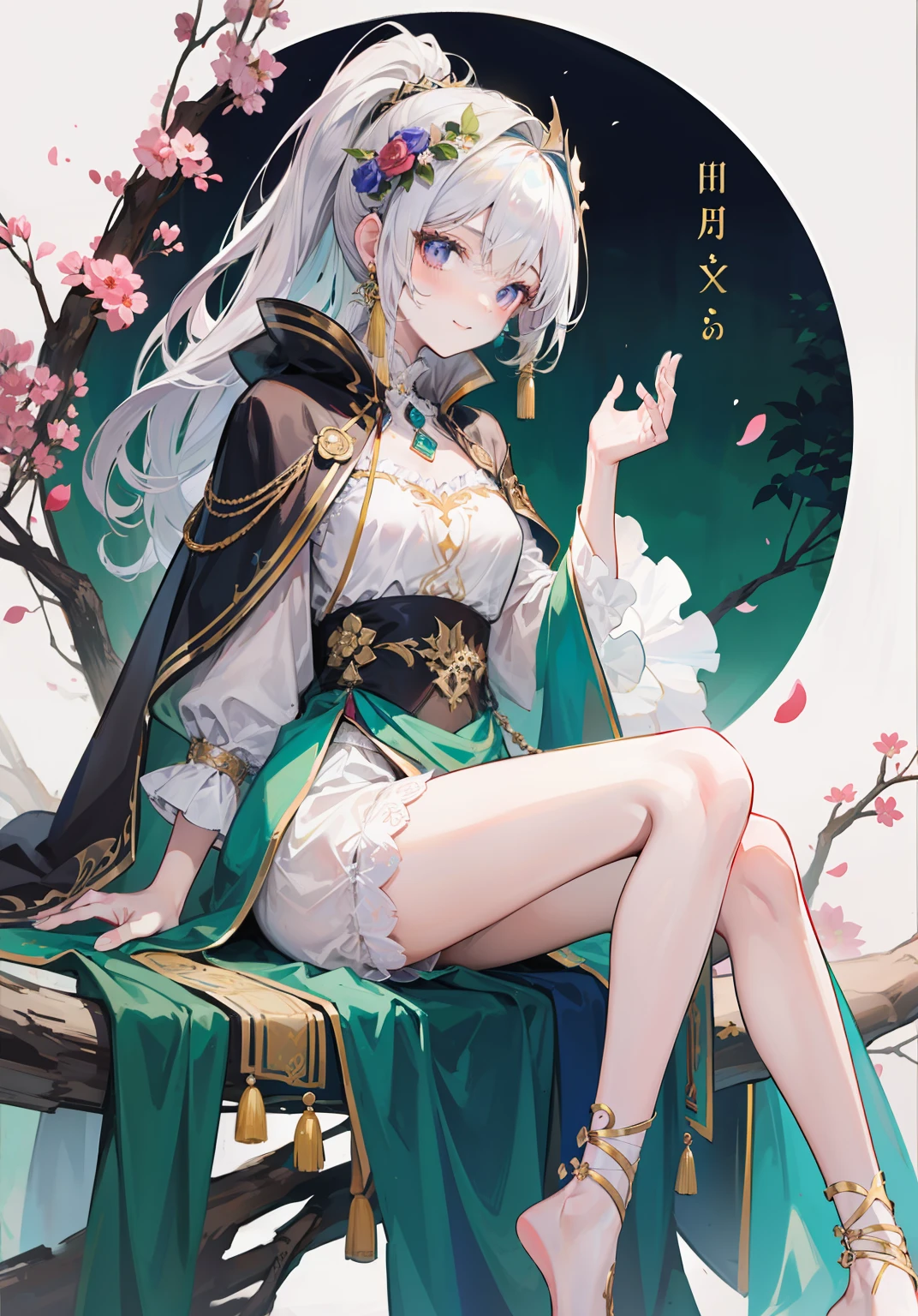 Wearing white silk shorts,metal decoration,Hanging tassels(Extremely delicate and beautiful:1.2),1girll,Not exposed,Cover your thighs ,Covers most of the waist,High-chested bandeau,long white hair,High ponytail,Bow and arrow in hand,metal decoration,Anklets,Bracelet,Dark green lined cloak,brown clothes,Dark green bandeau,Dark shawl,Lilac eyes,with a round face,ssmile,Surrounded by falling flowers,long cape,Sit on a tree trunk,Clothes cover the legs,Exotic,Covers part of the waist,metal headband,There are floral ornaments on the hair,Metal leg ring,Pedras preciosas,Sit on a tree,ssmile,forest backgrou,Flip the collar down,Bare arms,No collar