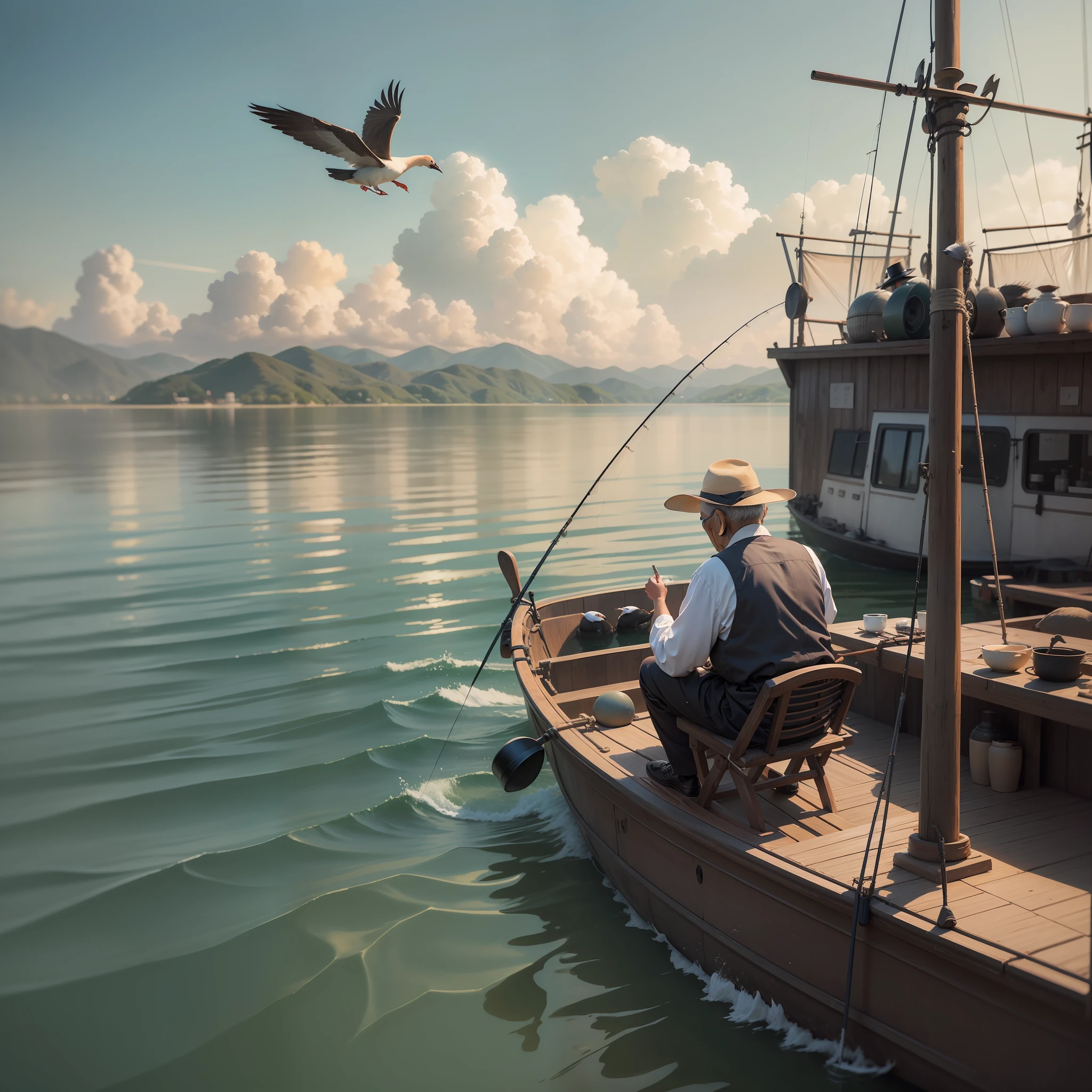 Oyuki,mont,An old man in a gown is fishing on a boat。There are 8 wild geese flying in the sky。