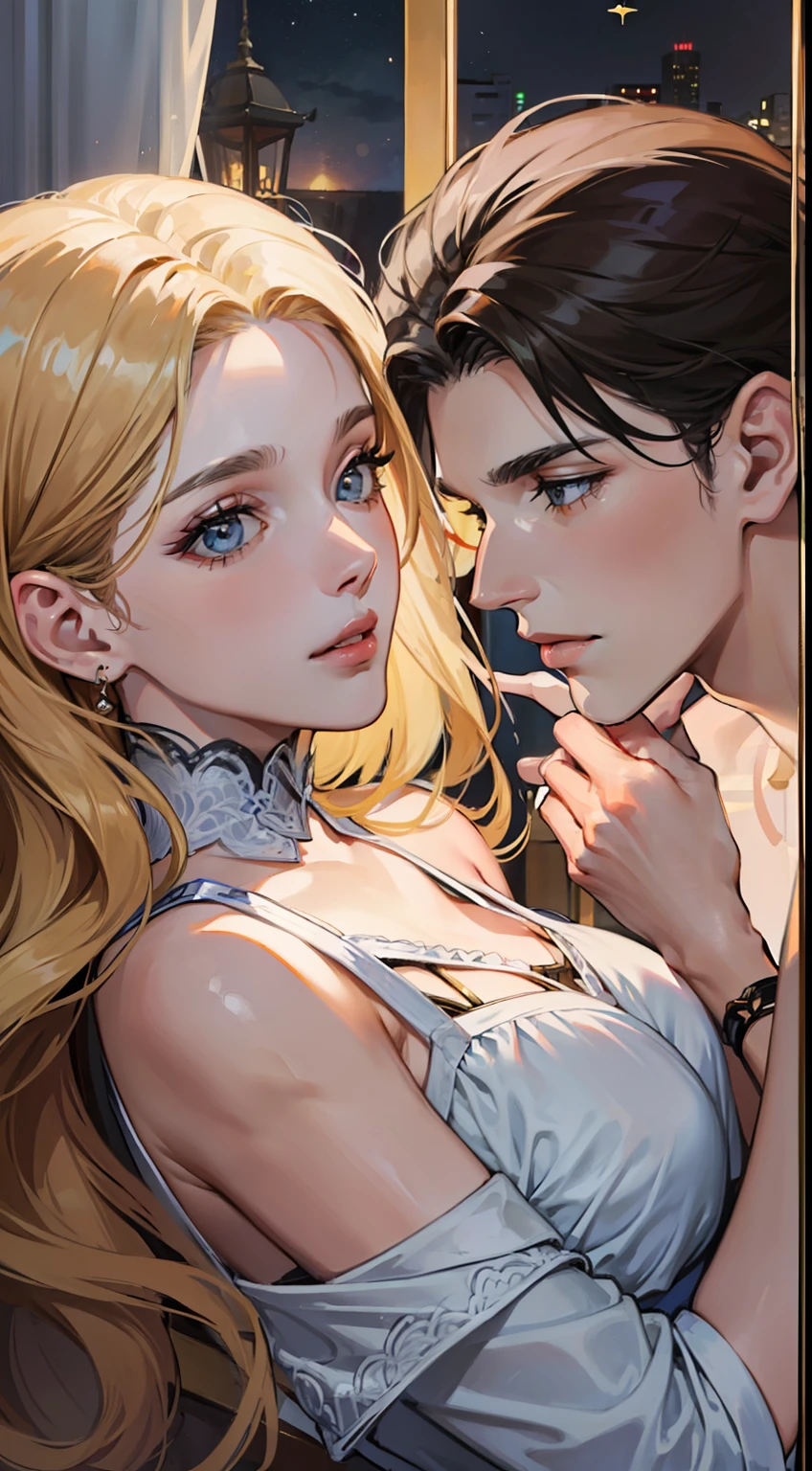 ((obras-primas)), melhor qualidade, excellent illustration, um casal se beijando, foco suave, 1 com cabelos pretos, olhos azuis, 1 meninaongos cabelos loiros, olhos vermelhos, roupas vitorianas, romantismo vitoriano, atmosfera opulenta e requintada, soft light and warm lighting.