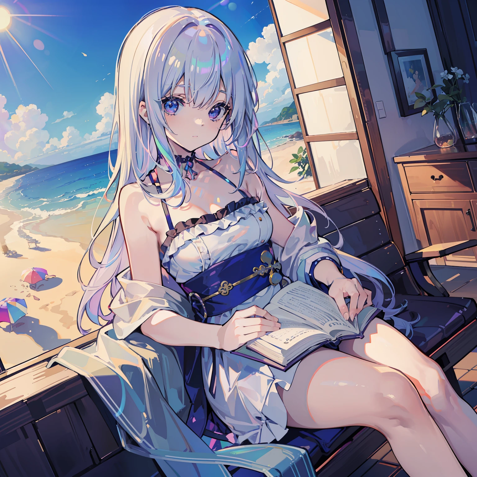 (masutepiece, Fine detail, 4K, 8K, 12K, Solo, Alone, Beautiful Girl, Caucasian Woman, Sitting, Reading, Sleeping, beach house, Indoors, Window light, Rainbow Light、Iridescent sky、zori、the morning sun