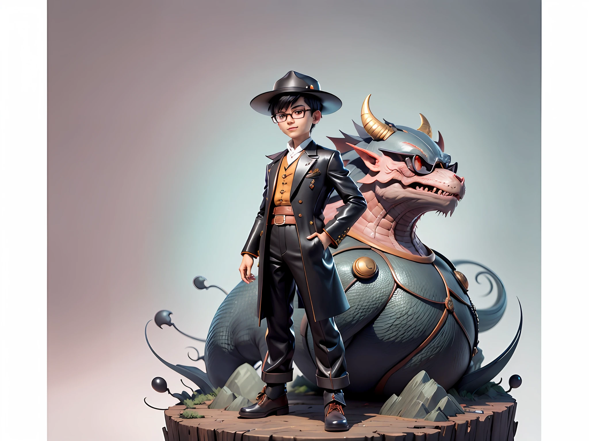 Young man with oriental face in leather hat, dragon, formal suit, short black hair, silver glasses, digital painting, 3D character design by Mark Clairedon and Pixar and Hayao Miyazaki and Akira Toriyama, the illustration is a high-definition illustration in 4K resolution with very detailed facial features and cartoon-style visuals.