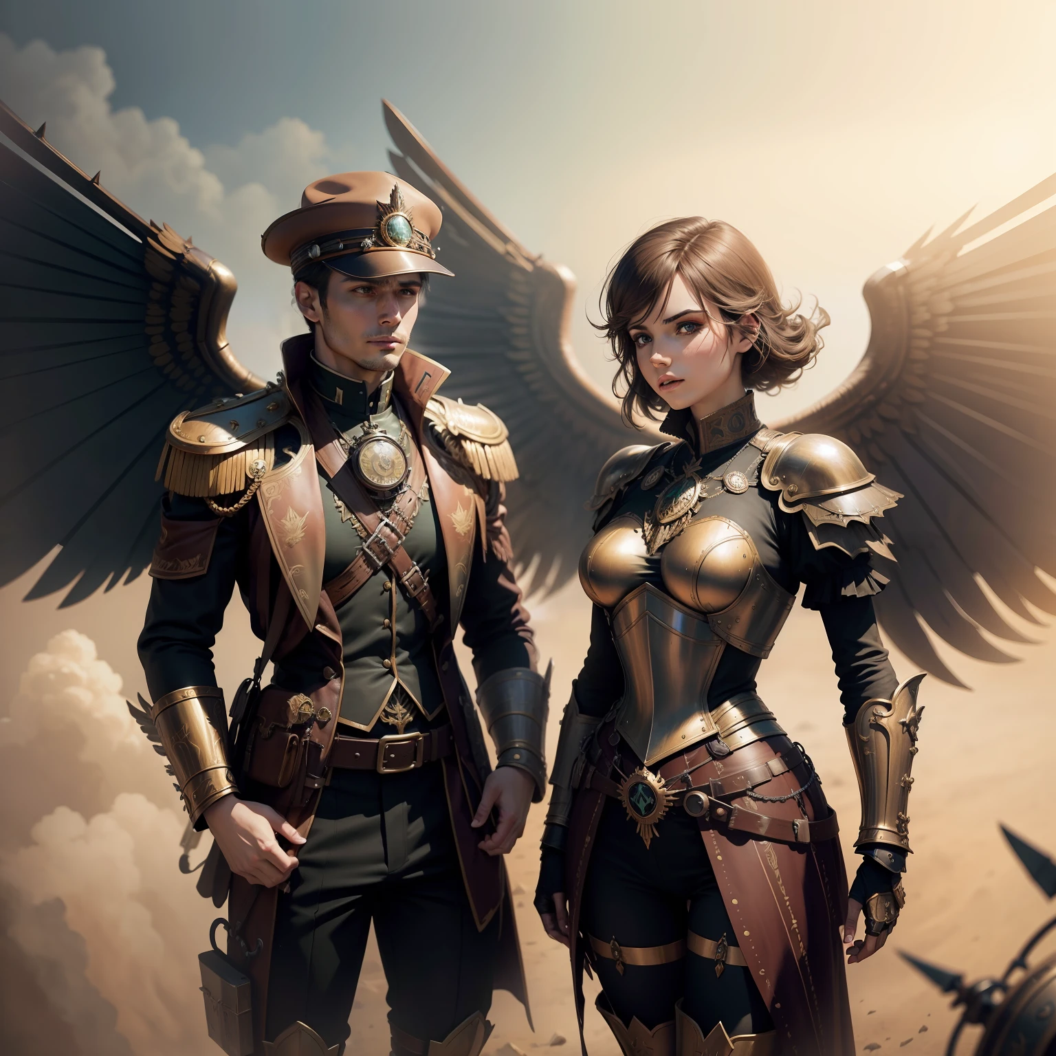 steampunk winged female knight, dynamic pose, backgroud: crowded charging army of the steampunk winged hussars
