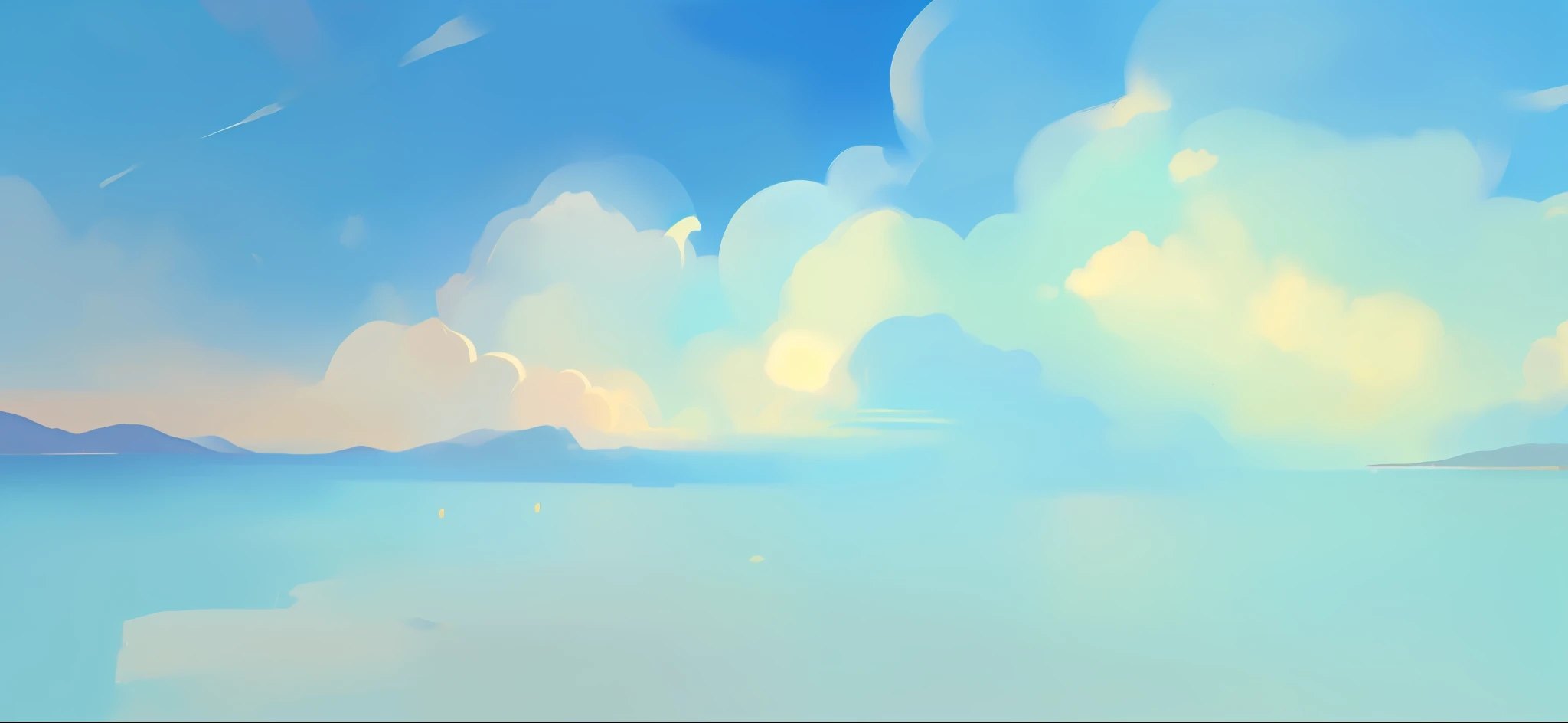 There is a painting,Where the sea and sky meet,There are some balloons in the sky, Comic style,high detal, Digital painting, sketch of an ocean in ms paint, # 1 digital paintting of all time, #1 digital paintting of all time, smooth. Digital painting, digital 4k painting, Anime Sky, arte de fundo, drawn in anime painter studio, speedpaint