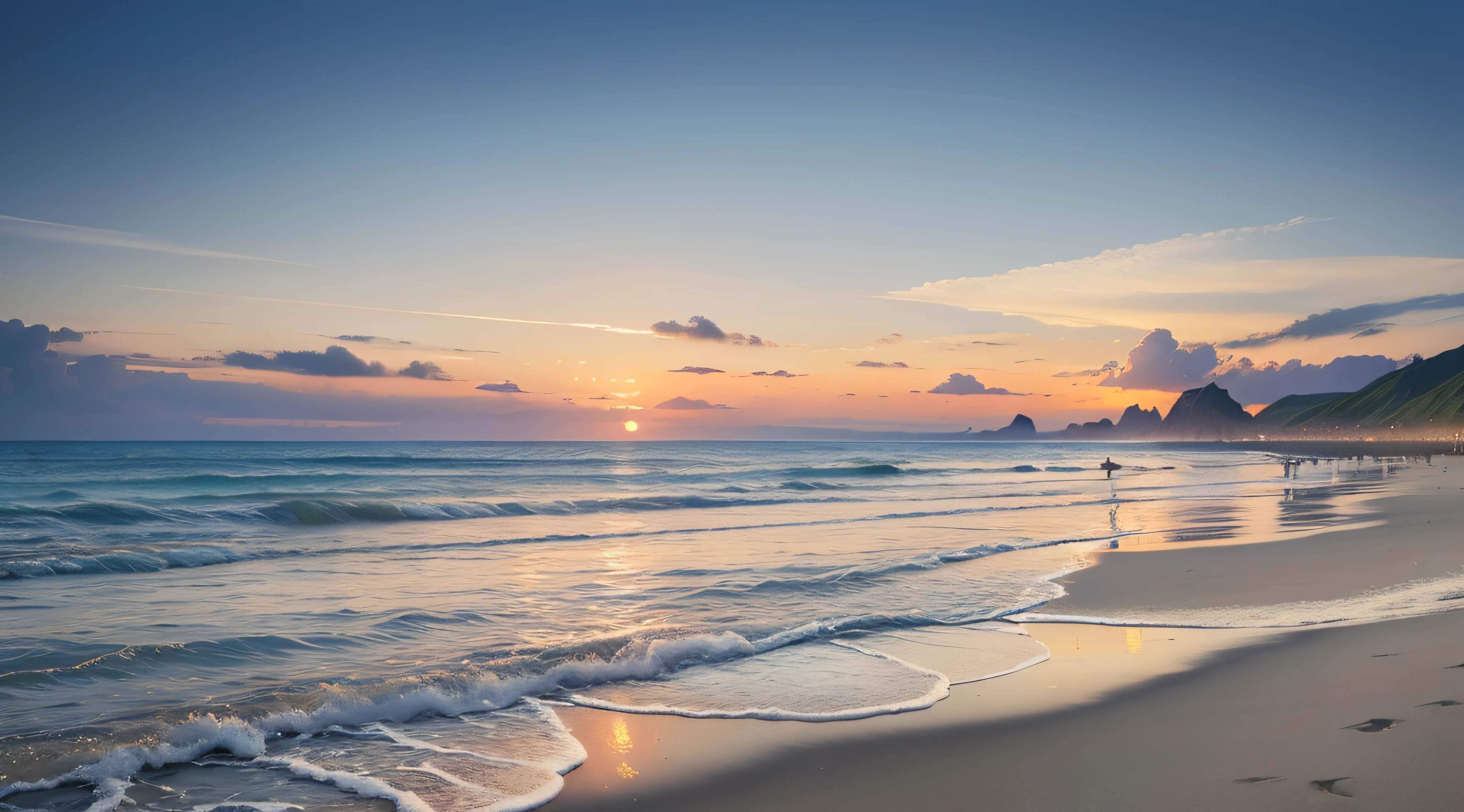 (Surreal)、(hight resolution)、(8K)、 (ighly detailed)、(top-quality、masterpiece:1.3)、landscape of a beach、Hot、Mid summer