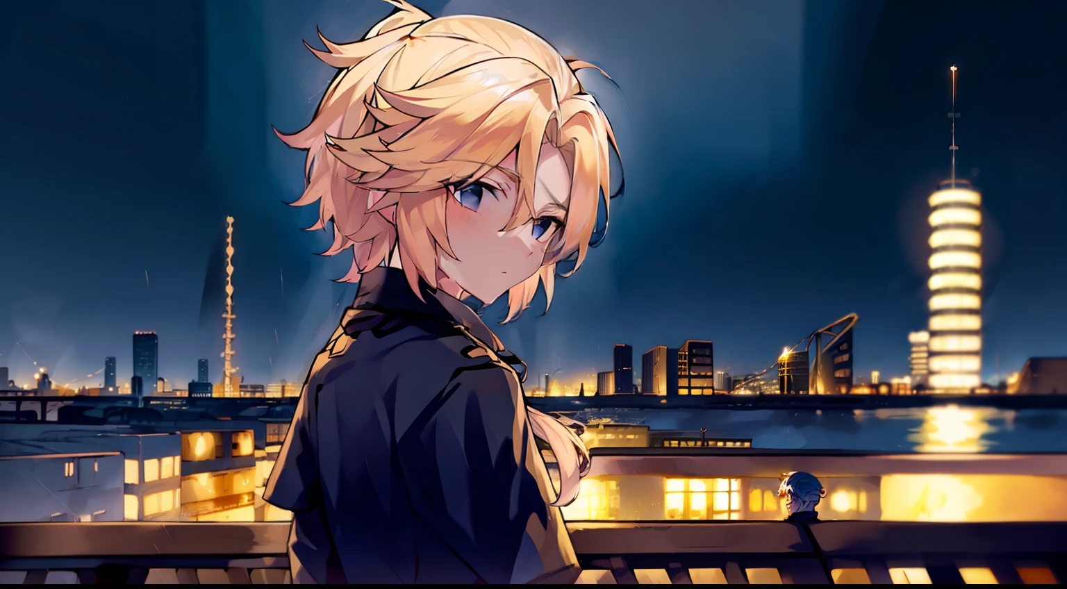 1boy，Faraway view，Golden hair，pony tails，blue color eyes，the night，Rainy days，city neon light