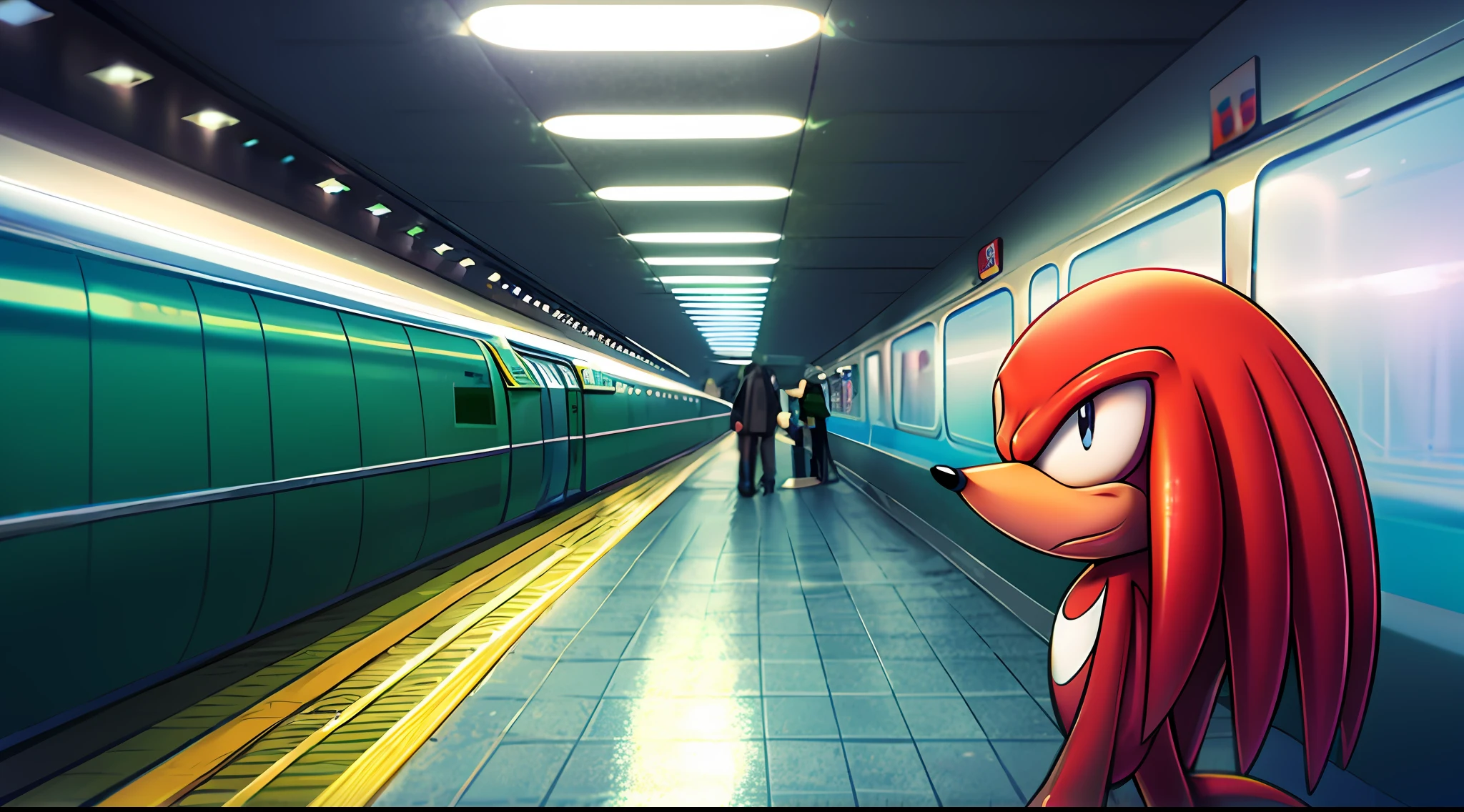 knuckles the echidna wearing fbi long jacket, suspicious side looking, in a subway, lots of people behind him, anime style, 4k