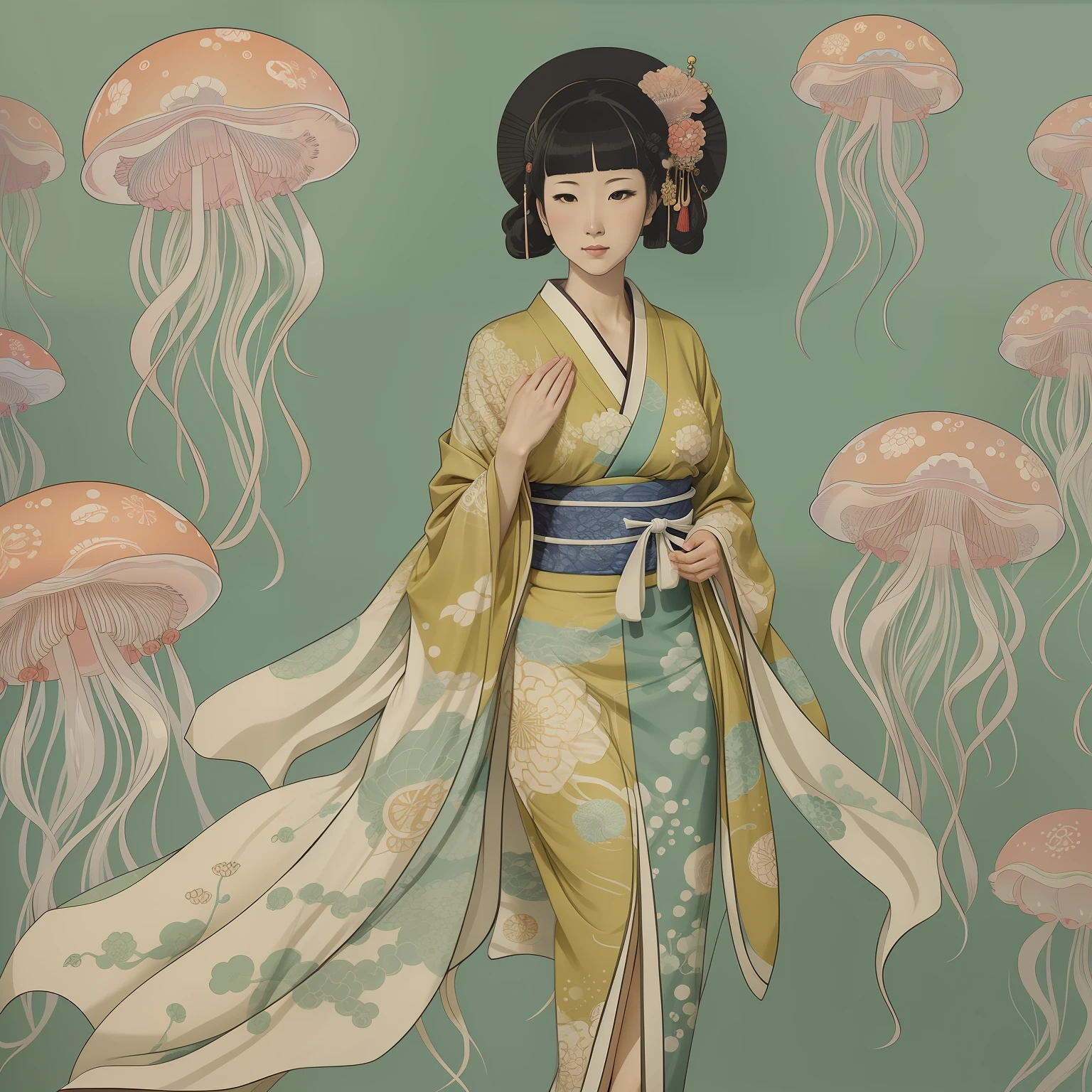 jellyfish woman, with a beautiful dress, full body,ukiyoe style,beautiful hands and legs,beautiful face,kimono style