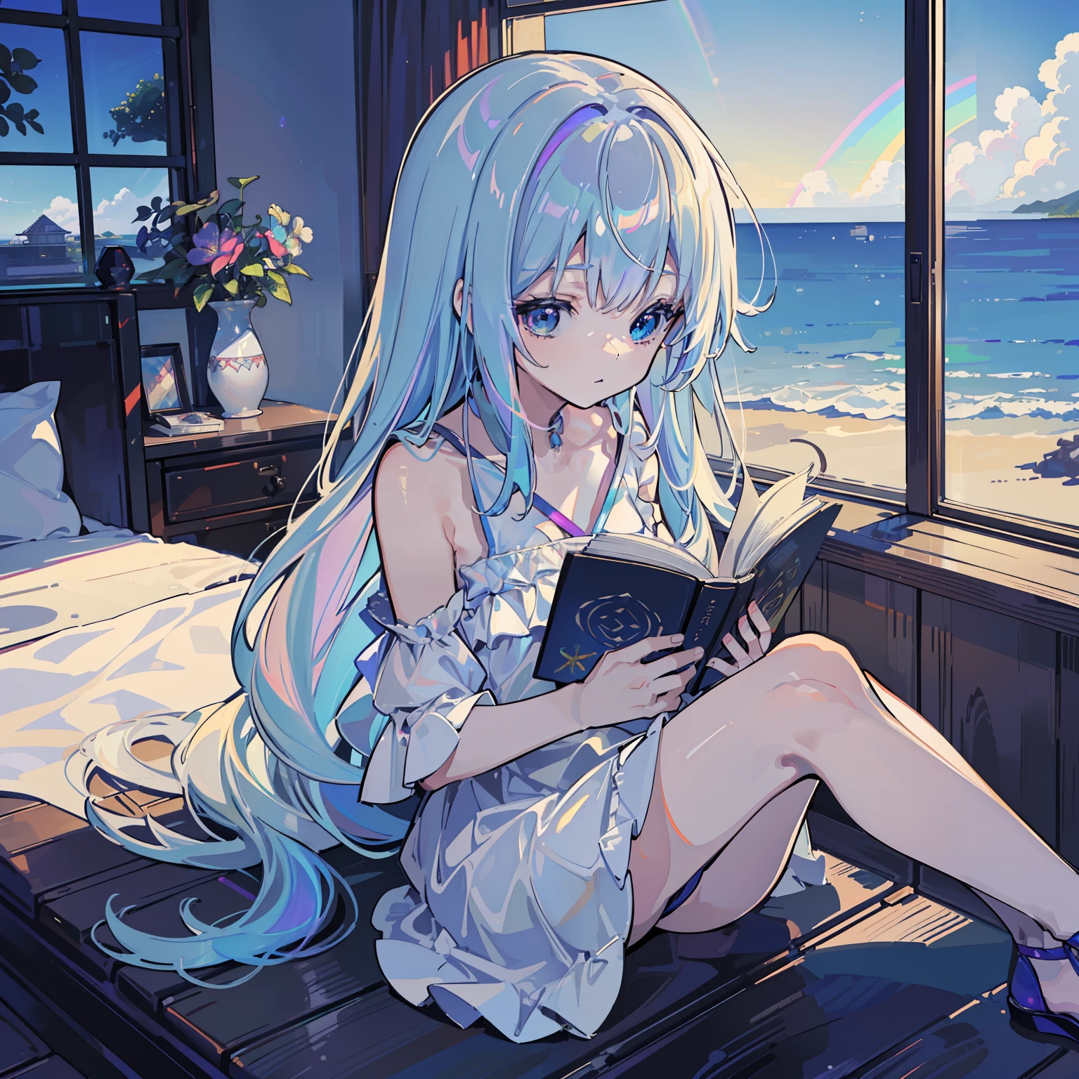 (masutepiece, Fine detail, 4K, 8K, 12K, Solo, Alone, Beautiful Girl, Caucasian Woman, Sitting, Reading, Sleeping, beach house, Indoors, Window light, Rainbow Light、Iridescent sky、dark blue skies、zori、the morning sun