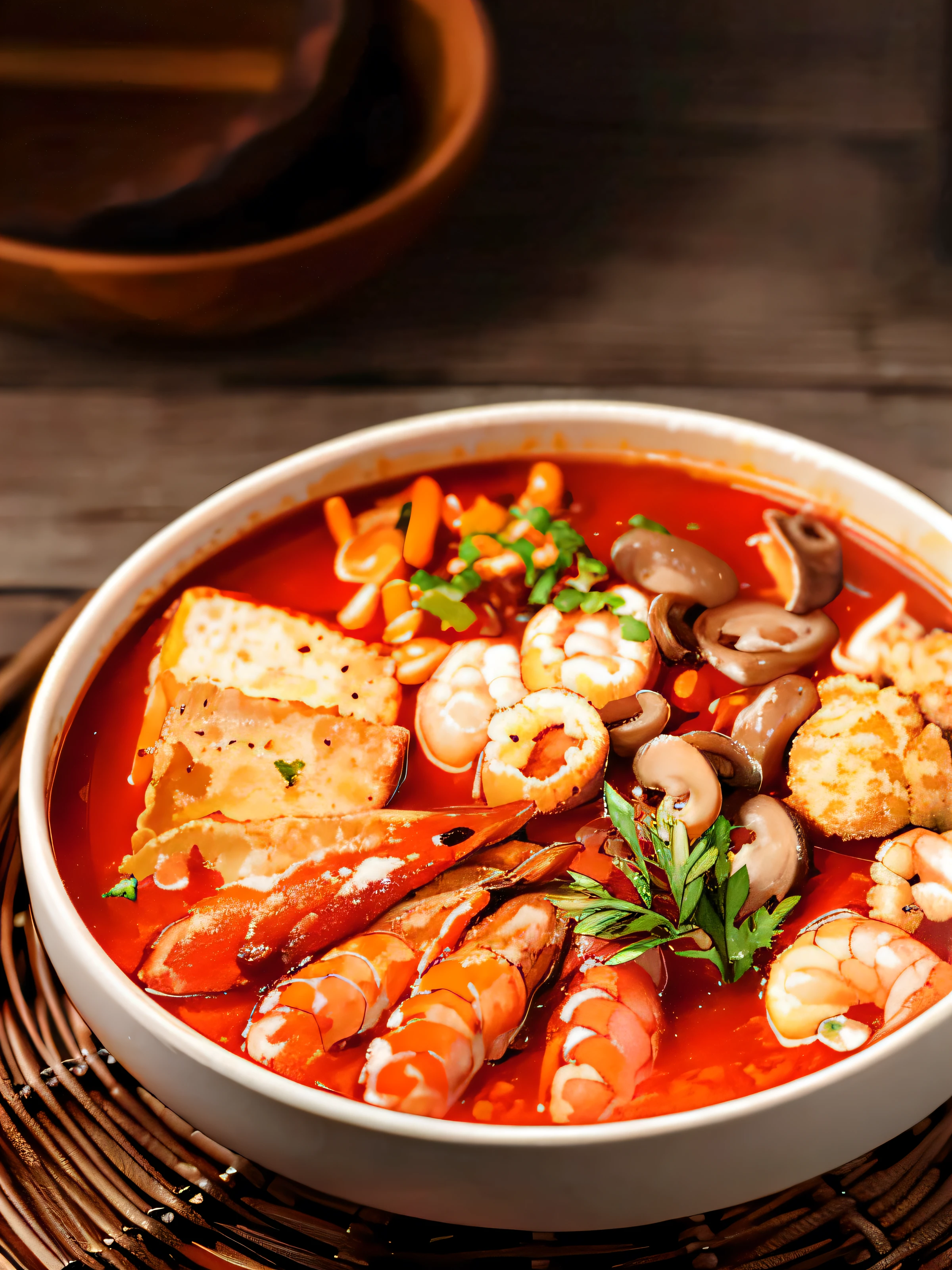 There is a bowl of soup with shrimp, Mushrooms and bread, ❤🔥🍄🌪, Aokamei, Daopao, imagem detalhada, Fotografia de comida de alta qualidade, parece realista, fotografia profissional de alimentos, sopa, o melhor de sempre, quente, tradicional, delicioso, instagram post, Beautiful image, Fotografia de comida HD, trending ,, Postagem no Reddit, tigela cheia de comida