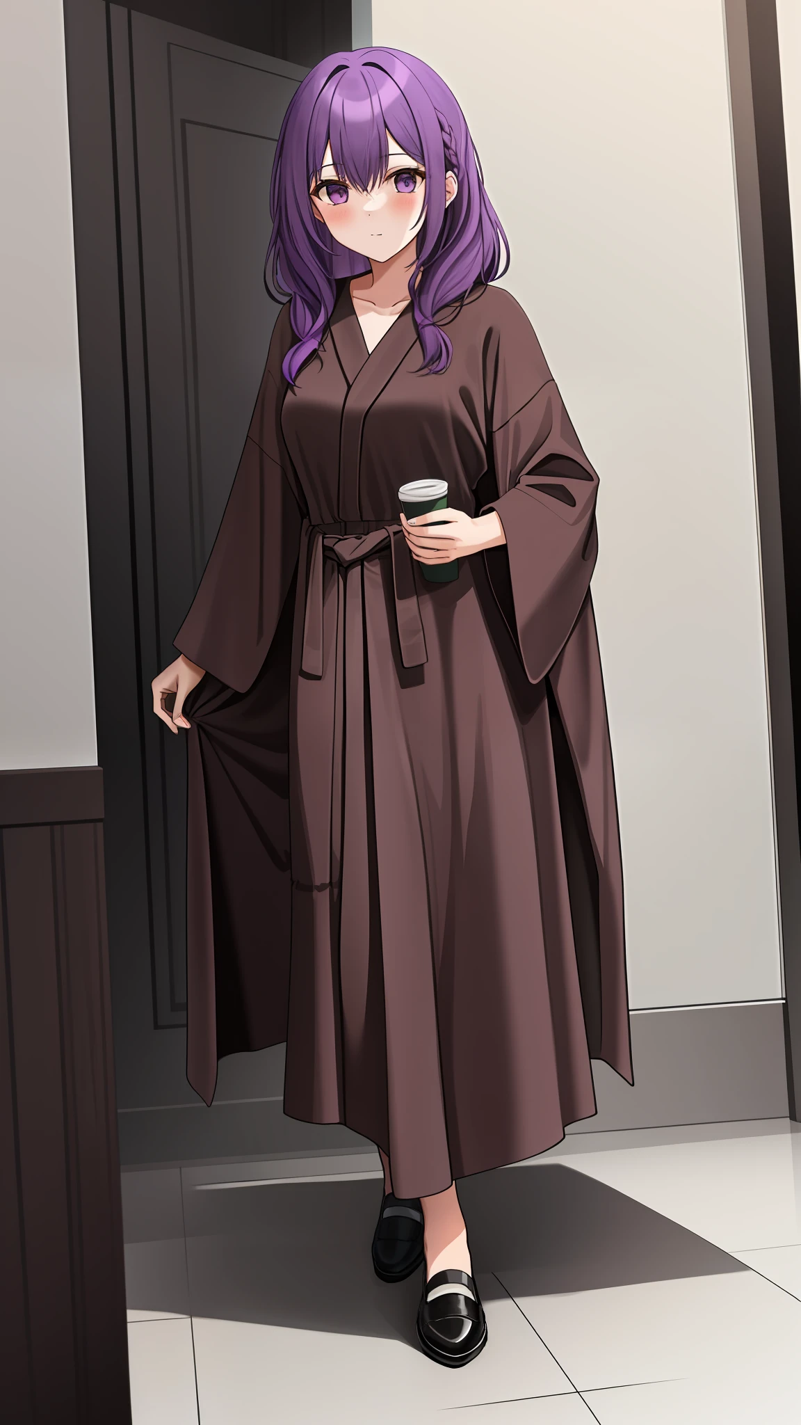Purple-haired girl,Dressed in a brown robe