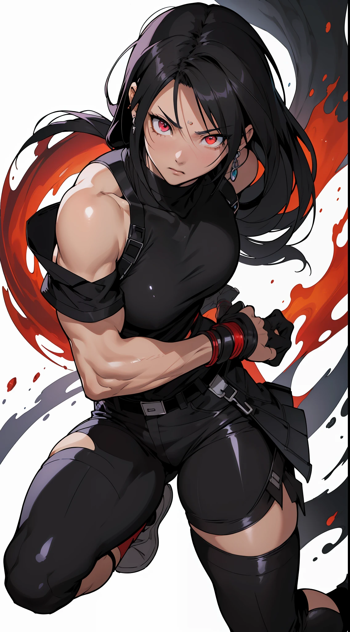 (anime) . Female (Tifa Lockhart), red eyes, portrait, full body . (Masterpiece: 1.8), (64k quality), (final fantasy artwork concept), detailed (manga eyes + hair + clothes + body + face + colors + shoulders + eyes (globular + transparent + liquid) + (sharper drawings) + (shiny jewelry) + (clothes folds) + (rounded eyes) + (consistent clothes) + (clothing features) + (eyes line), better (colorful + (coarser line) + (black line) + finishing . [Drawing] (Anime (Manga (Comics))) + (Coarse Line: 1.8) + (Black Line: 1.8) + (Color: 1.8) + (Clean: 1.8) + (Contrast: 1.8) + (Black Outline: 1.8) + (adjusted colors: 1.8) + (shadow set: 1.8) + (manga eyes: 1.8) + (muscle: 1.5), ((made homogeneous: 1.3))