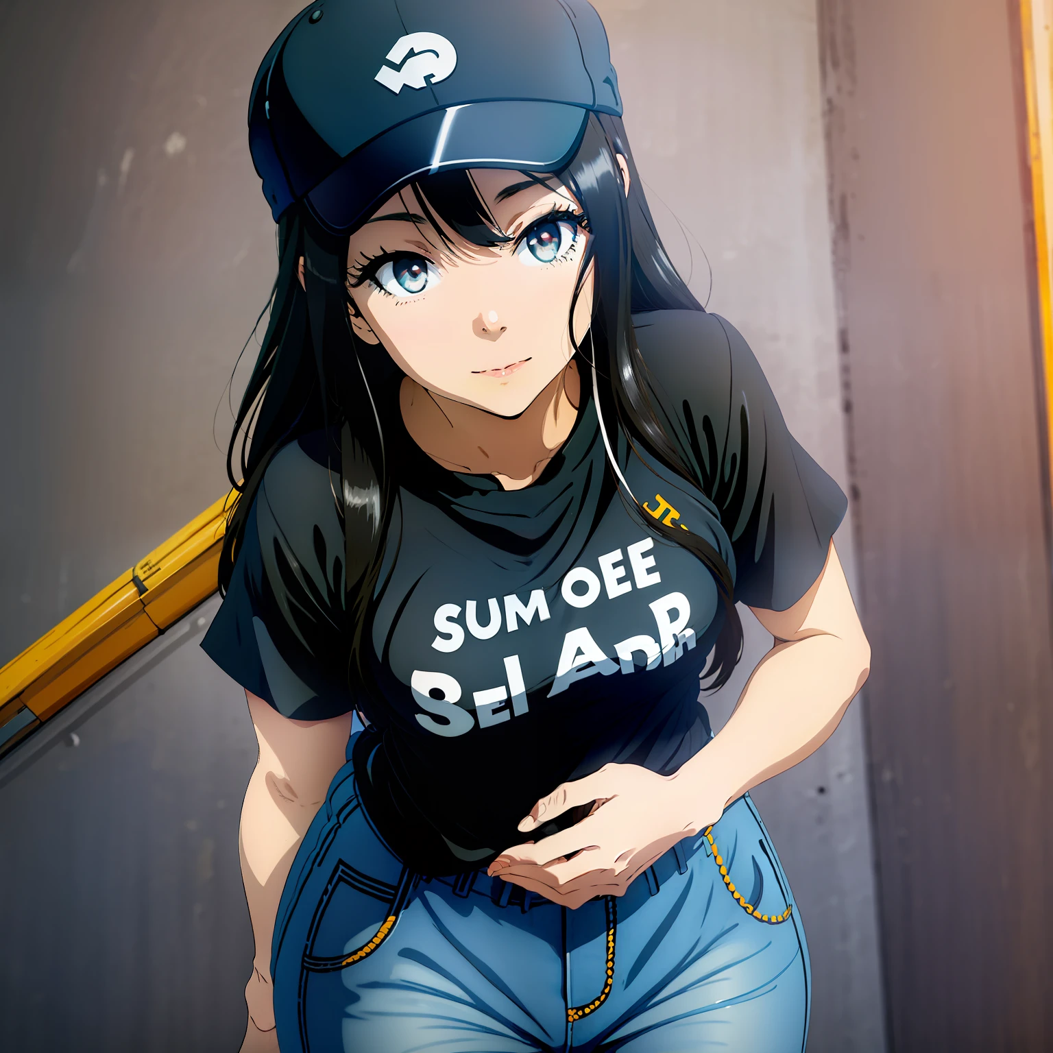 1 anime girl，mesmerizing eyes，ssmile，lively，Long black hair，Black cap，Black short-sleeved T-shirt，denim short，Tuck the T-shirt into your pants，white backgrounid