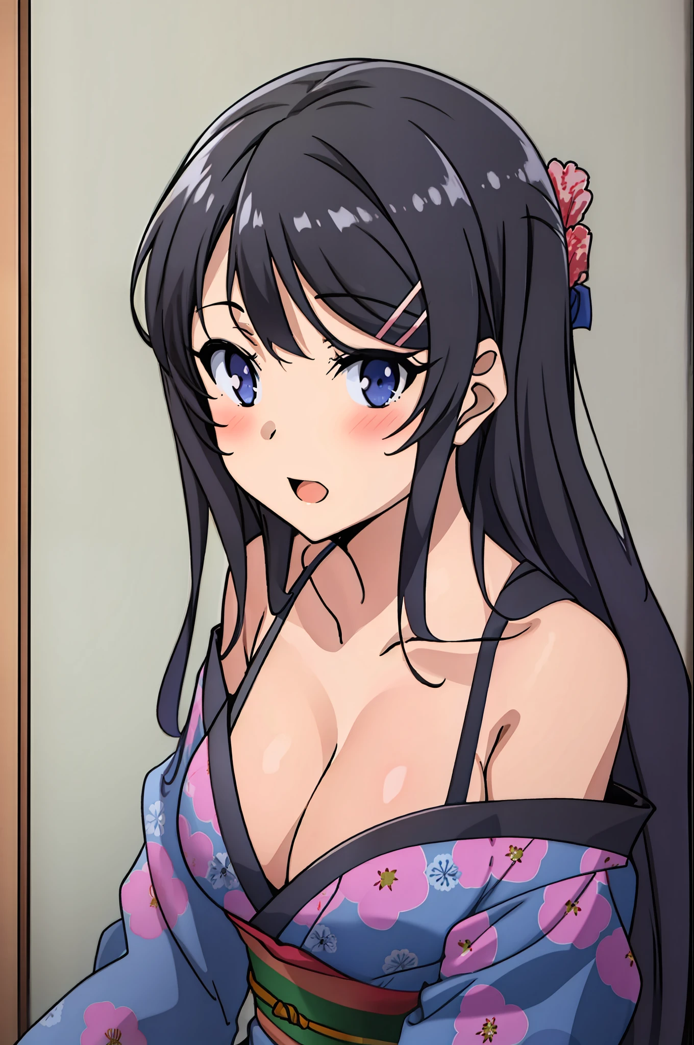 sakurajima mai, mai-san, (masterpiece), 1girl, japanese clothes, solo, kimono, red kimono, show panties, show bra, black panties, black bra, medium breasts, cleavage, blush, paintbrush, calligraphy brush, bedroom background, ink, bare shoulders, off shoulder, looking at viewer, sash, smile, collarbone, sitting, obi, floral print, wide sleeves, parted bangs, between breasts, holding, open mouth, nsfw