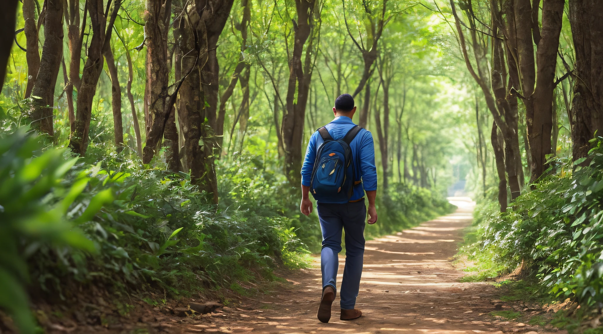 homem, de costas, caminhando em uma linda floresta
