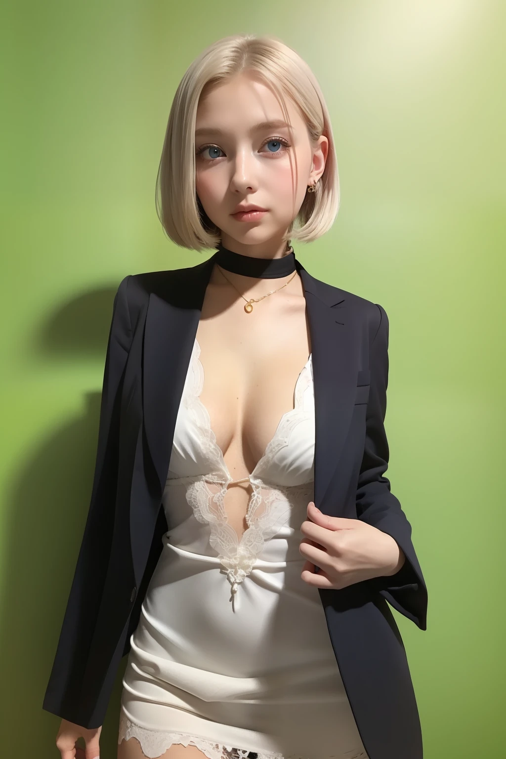 A woman of beauty in a fantastic space, Black blazer，Tight microdress white, 18k, {{Masterpiece}}, Best quality, High quality:1.4), simplebackground，Green background，，{{[[front look}}, Photo pose)]], very pretty look face, And very nice blue eyes, cute images, cute images, {{Expose the lateral breasts}},, {{{{slim sexy body}}}}, {{{{{{Tall woman}}}}}}, {{177 cm tall}}, 独奏, upper legs, Lovely, Adorable, Pale skin, {{18to 22 years old German girl}}, look beautiful German girl and blue eyes or green eyes with platinum blonde hair color), Nordic German young girl, {{{{{{{{{{cleavage}}}}}}}}}},