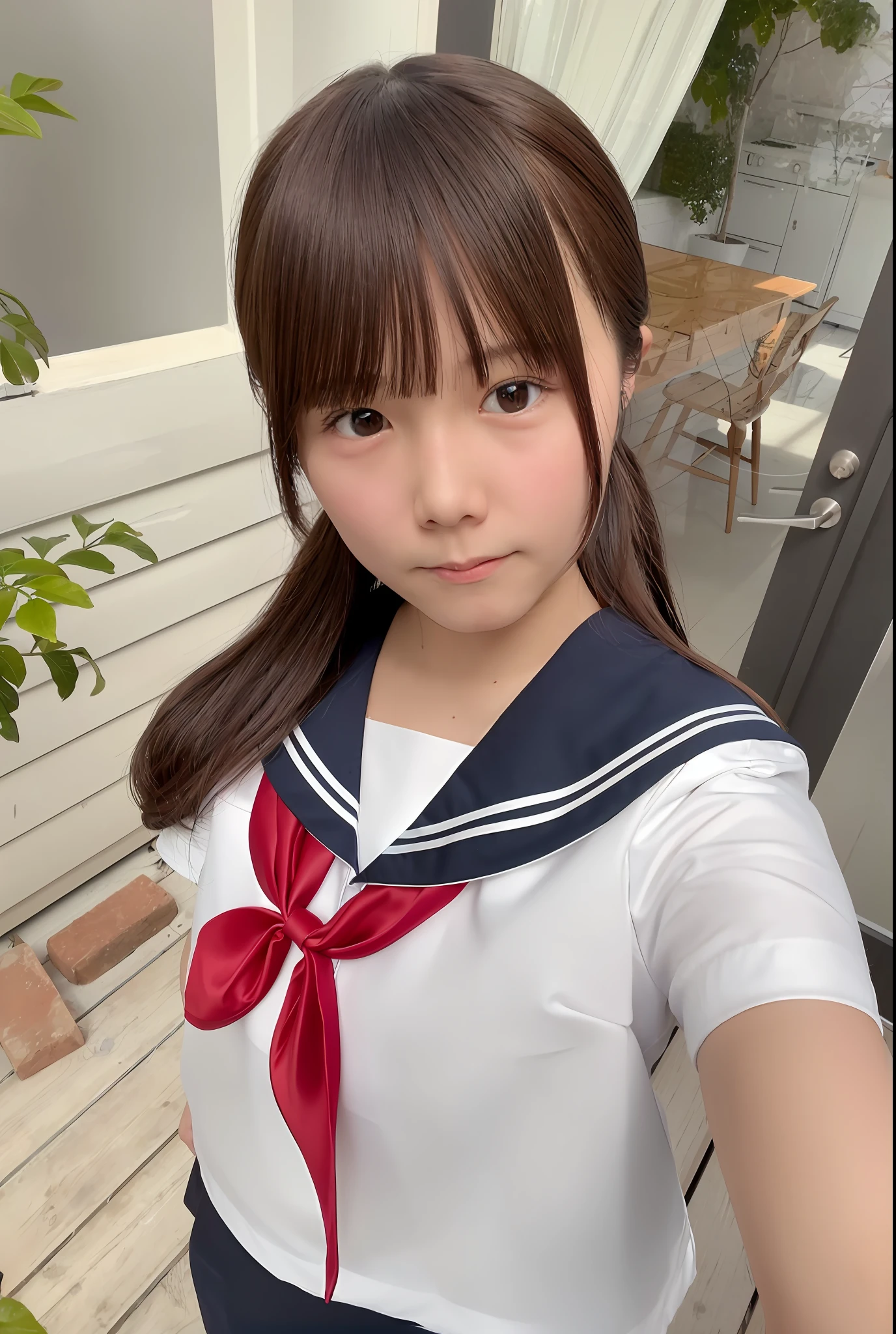 wearing japanese school uniform, Japan schoolgirl sailor suit, Cute High School Girl, a short skirt、Looking at the camera、huge tit、Giggle、Standard body shape、小柄、poneyTail、There is leg line beauty、Small face、full bodyesbian、Extend your hand towards you、Atmosphere in the photo、Delicate skin、Faces depicted in detail、
