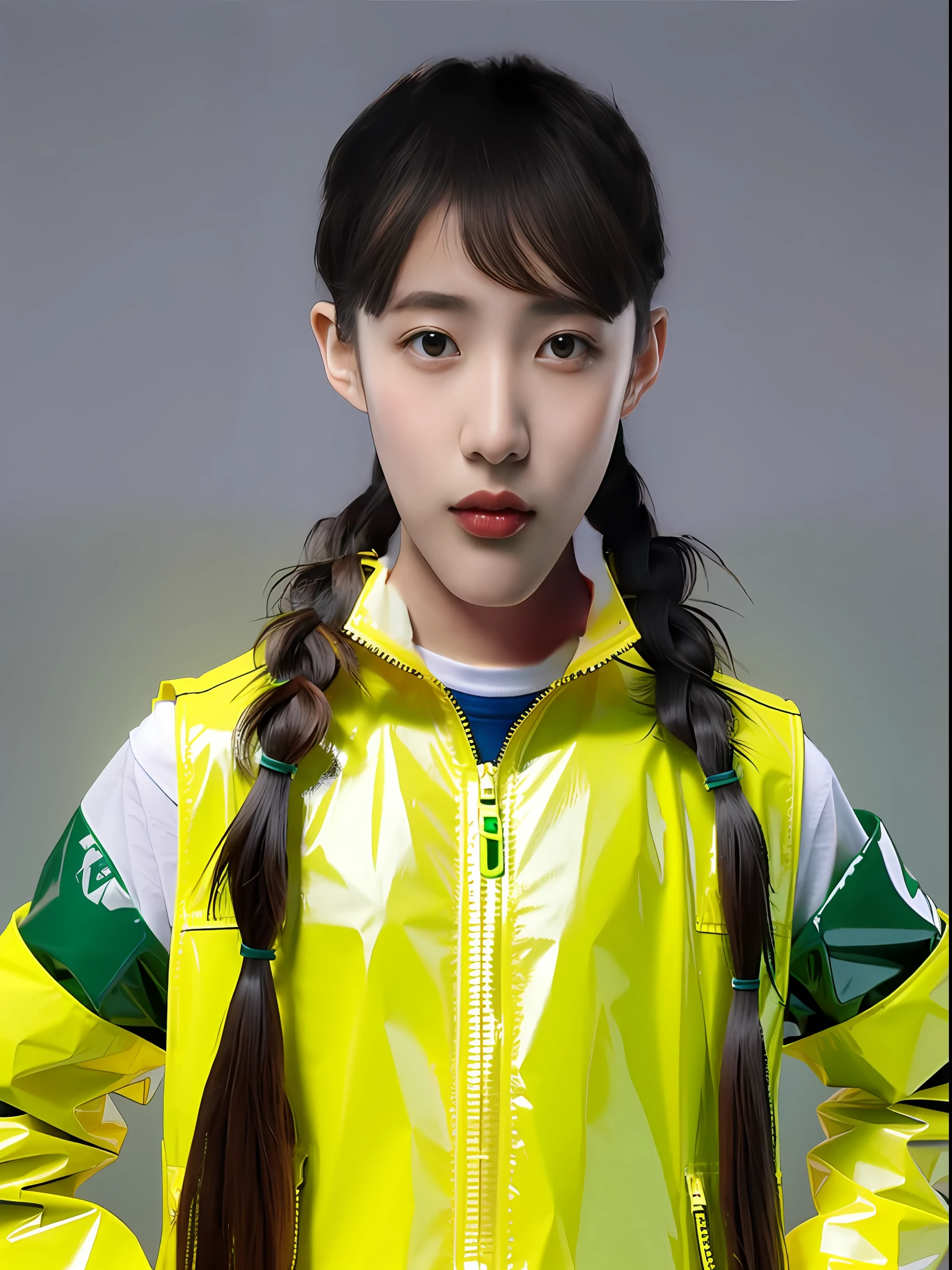 A Chinese high school girl，Wearing a yellow PVC vest and green lining，long braid