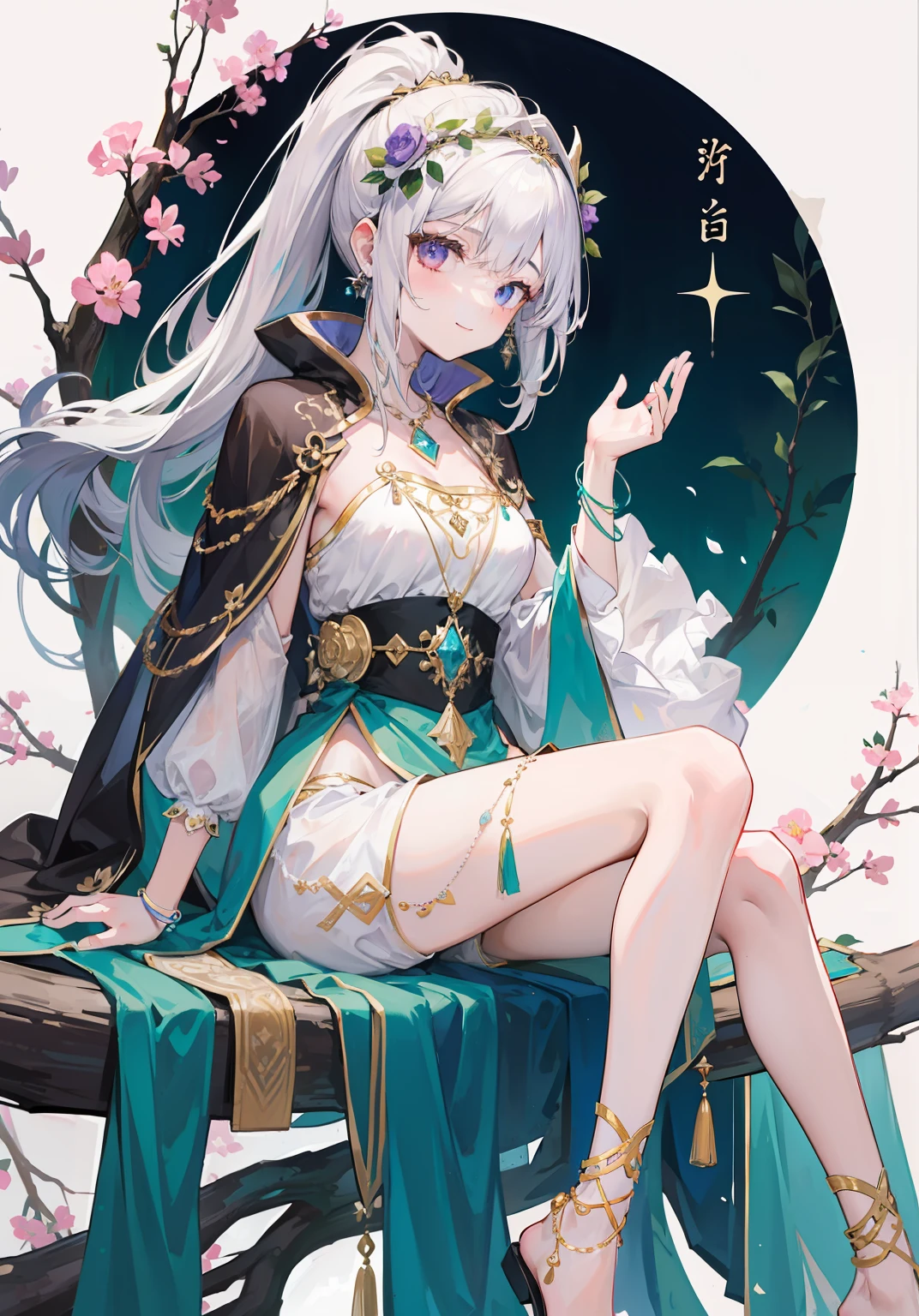Wearing white silk shorts,metal decoration,Hanging tassels(Extremely delicate and beautiful:1.2),1girll,Not exposed,Cover your thighs ,Covers most of the waist,High-chested bandeau,long white hair,High ponytail,Bow and arrow in hand,metal decoration,Anklets,Bracelet,Dark green lined cloak,brown clothes,Dark green bandeau,Dark shawl,Lilac eyes,with a round face,ssmile,Surrounded by falling flowers,long cape,Sit on a tree trunk,Clothes cover the legs,Exotic,Covers part of the waist,metal headband,There are floral ornaments on the hair,Metal leg ring,Pedras preciosas,Sit on a tree,ssmile,forest backgrou,Flip the collar down,Bare arms,No collar,Bare entire arms,No collar,Triangle gemstone necklace