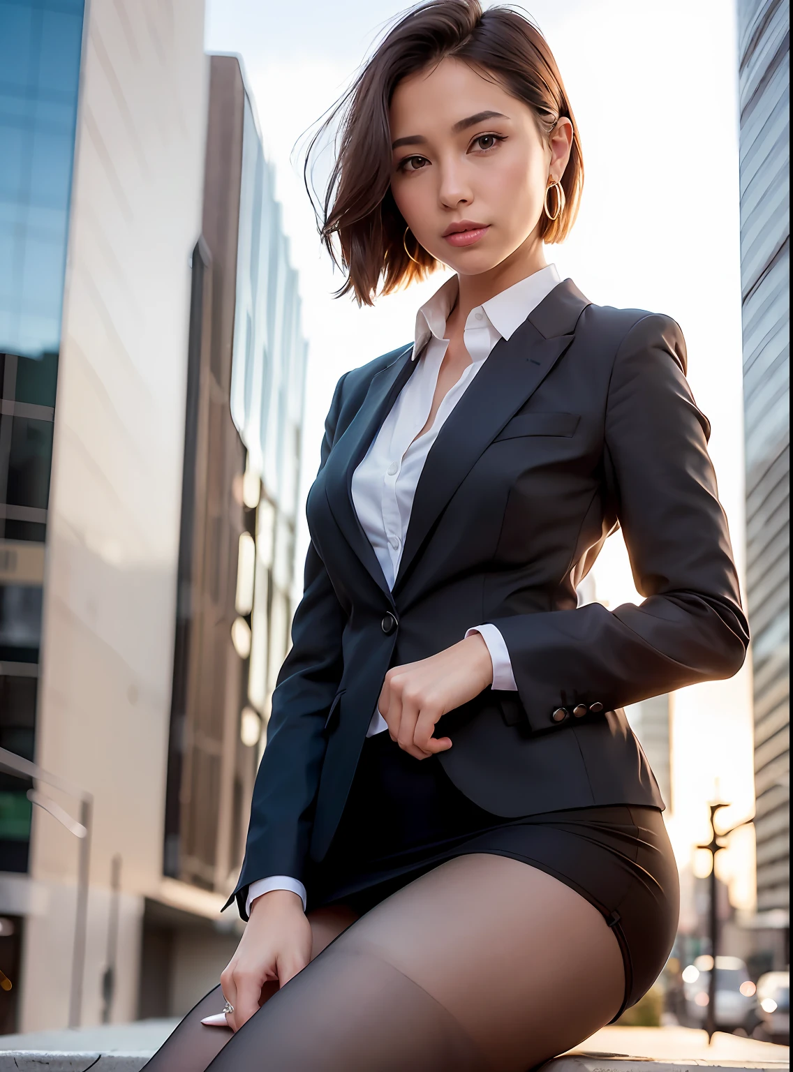 (8k, Best Quality, Masterpiece:1.2), (Realistic, Photorealistic:1.37), Ultra Detail, 1 Girl, Full Body, Outdoor, (Adjusted Hair:1.5) Office Lady, Black Office Blazer, Office Skirt, (pantyhose: 1.2), (short button-down shirt: 1.2), button-up collar prim, button-down collar prim, bra, (pantyhose: 1.2), alpha layer, high heels, beautiful earrings, cute, solo, beautiful detailed sky, (smile: 1.15), (closed mouth), small breasts, beautiful detailed eyes, business attire, (short hair: 1.2), floating hair NovaFrogStyle,