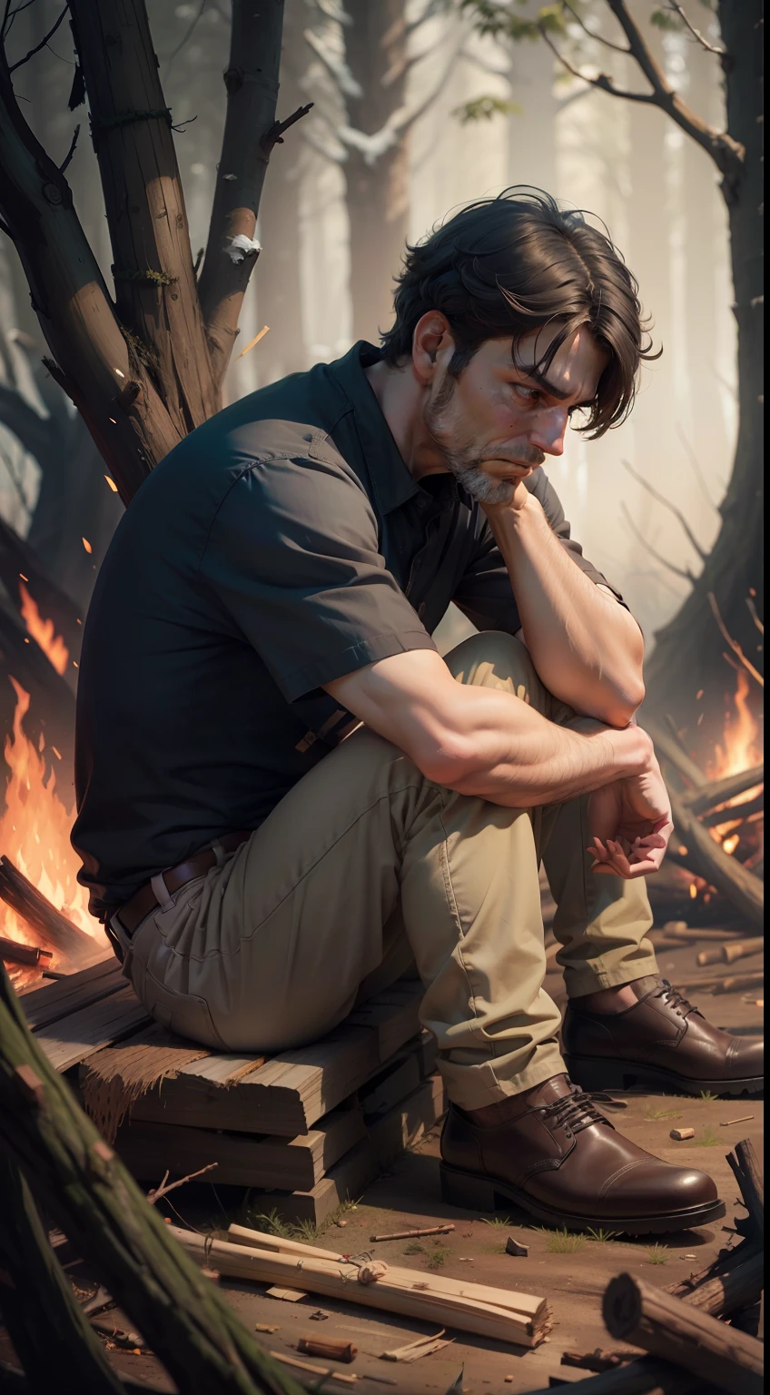 Sad men sitting, kindling,