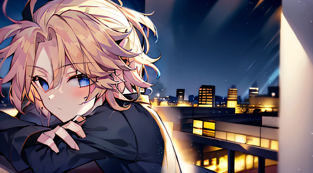 1boy,Faraway view,Golden hair,pony tails,blue color eyes,the night,Rainy days,city neon light