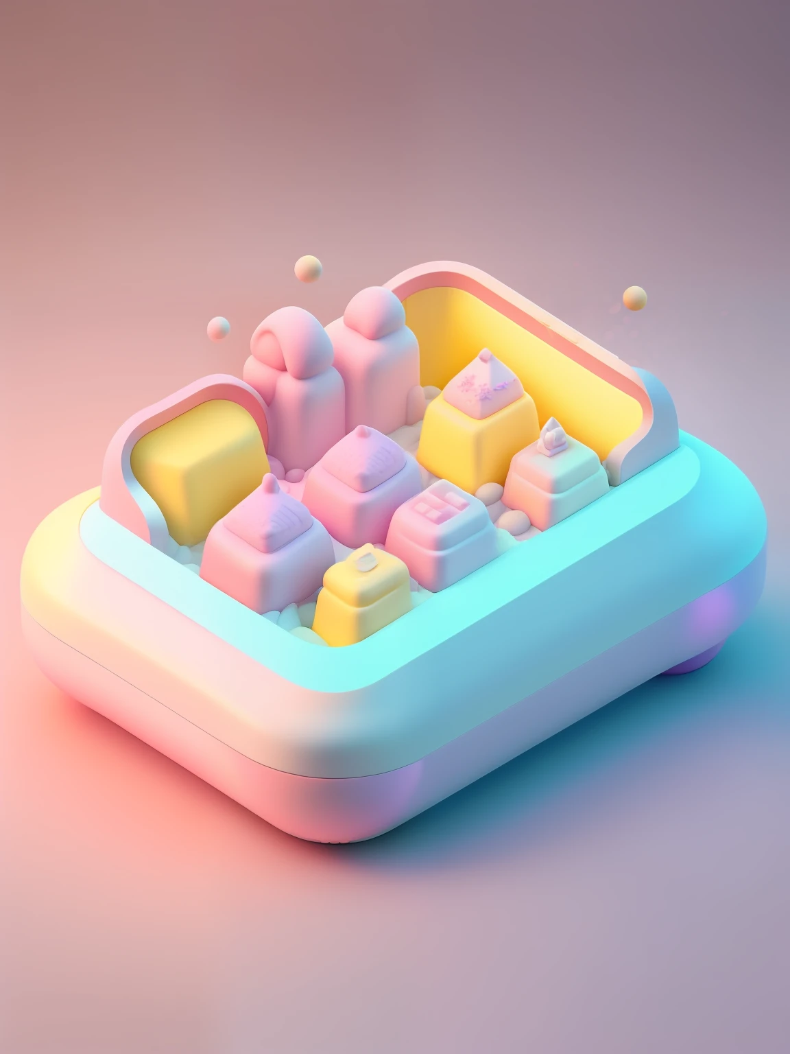 microworld, isometric view of cute kawaii keyboard, (pink, white, yellow, purple), cozy and pastel, lighting particle, dynamic light effect, futuristic, incredibly detailed, super resolution