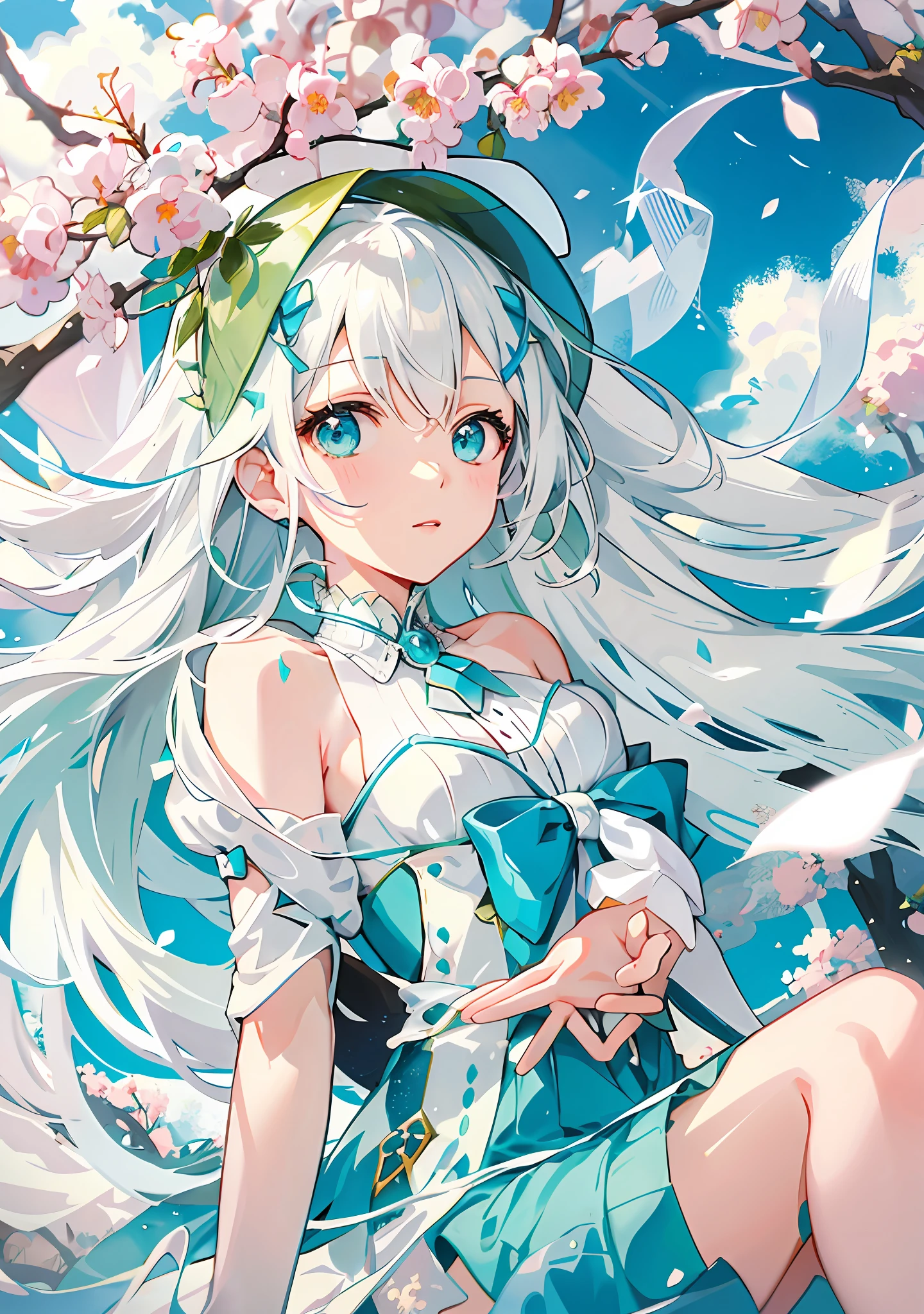 Anime girl with long white hair and blue dress sitting under a tree, white cyan, high detailed official artwork, Official artwork, Anime art wallpaper 8 K, Digital art on Pixiv, Anime art wallpaper 4 K, Anime art wallpaper 4k, style of anime4 K, Anime girl with teal hair, mikudayo, trending on artstation pixiv