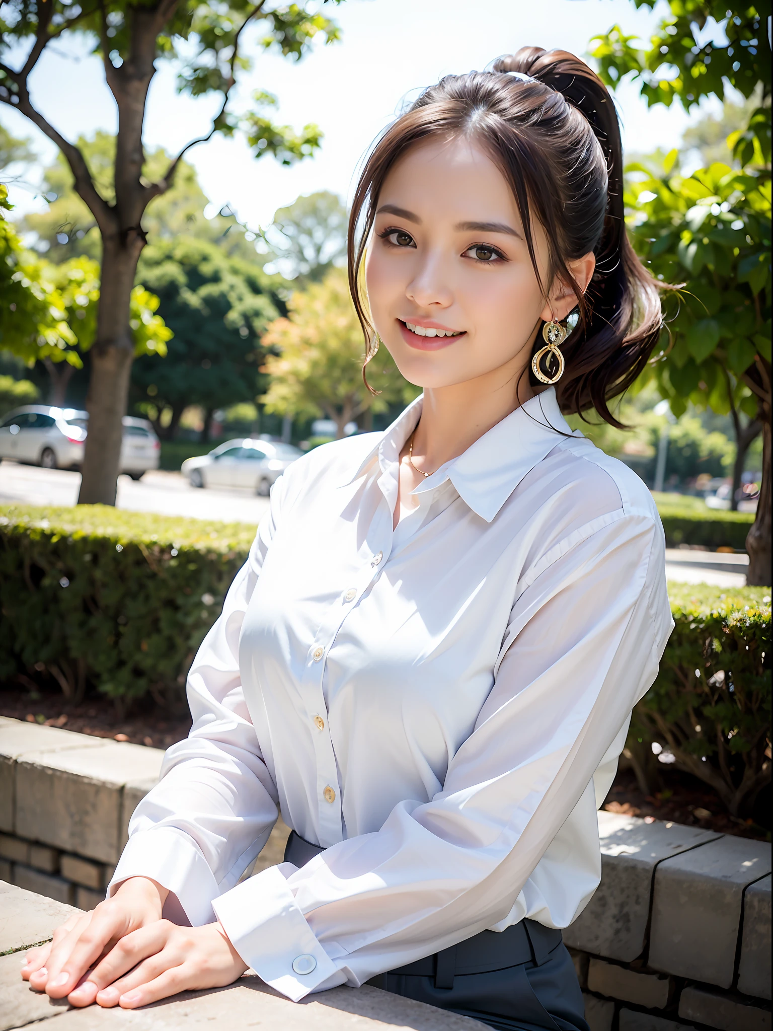 best quality, ultra high res, (photorealistic:1.4), RAW photo, (chest shot), (bokeh:1.3), (solo focus:1.4), very beautiful japanese woman, sitting on stone floor in park, (smile:1.2), shy, brunette curled hair, (pony tail, beautifully banded), jewelry shining eyes, brown eyes, earrings, necklace, thick lips, gorgeous body style, model shooting, chaste fashion model, BREAK, wearing large white shirt, (buttons are lightly fastened), (cotton trousers:1.2), beautiful arms, beautiful hands, beautiful fingers, polished nails with manicure, tenebrism, (dramatic lighting:1.2), deep shadows, striking highlights, intense contrast, Baroque influence, chaste and bright image, 8k