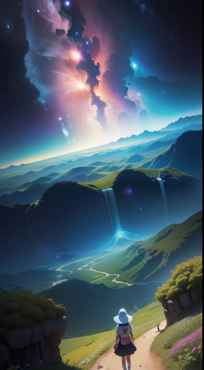 Uma menina em um campo de flores, vista de baixo para cima, cosmic view, galaxias, cometas, lua cheia, cena de anime, estilo anime,