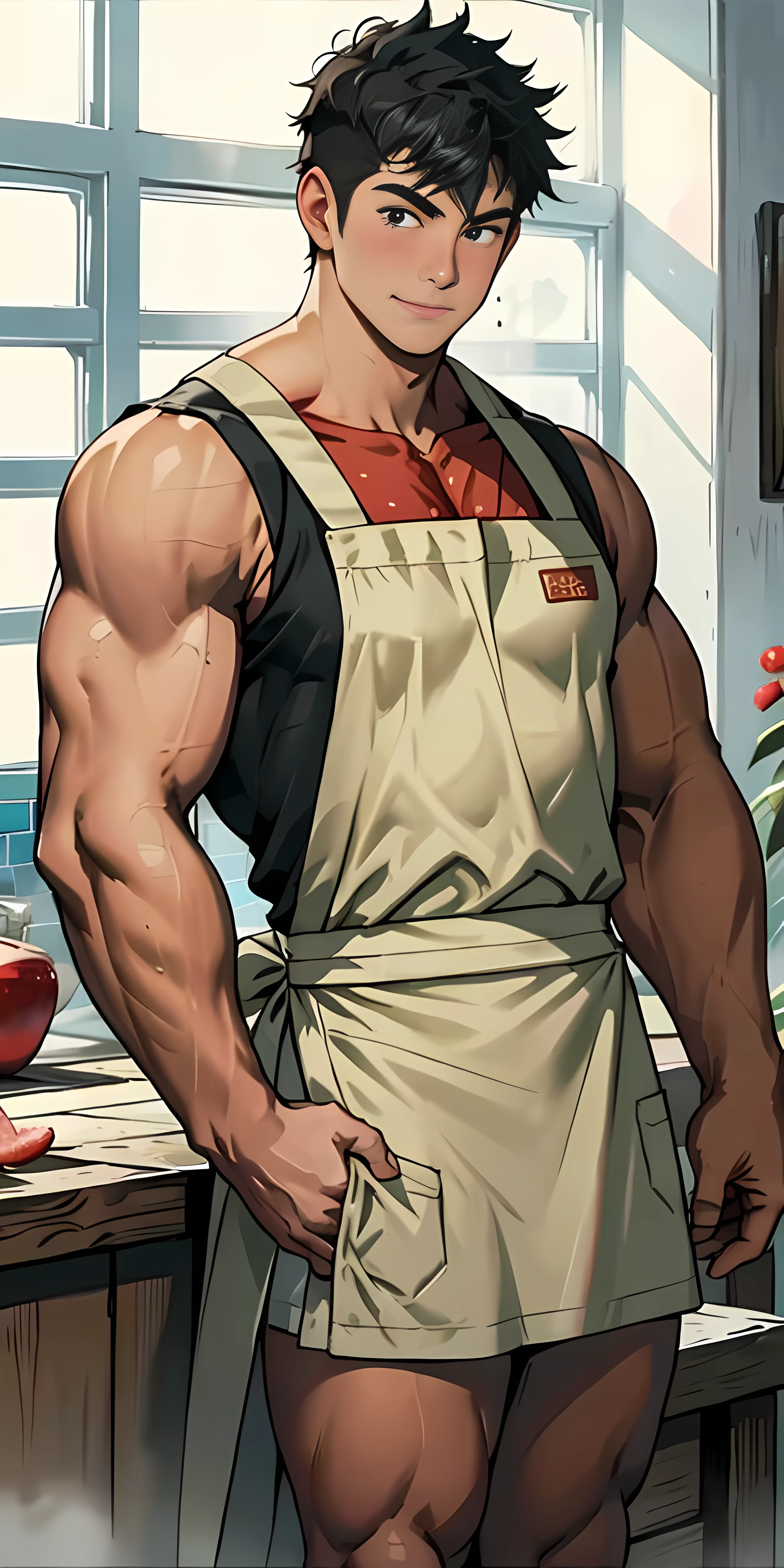 1 muscle man，kitchens，rays of sunshine，Strawberry cake in hand，No vests，Wear an apron with a bare ass，are standing，looking to the camera，