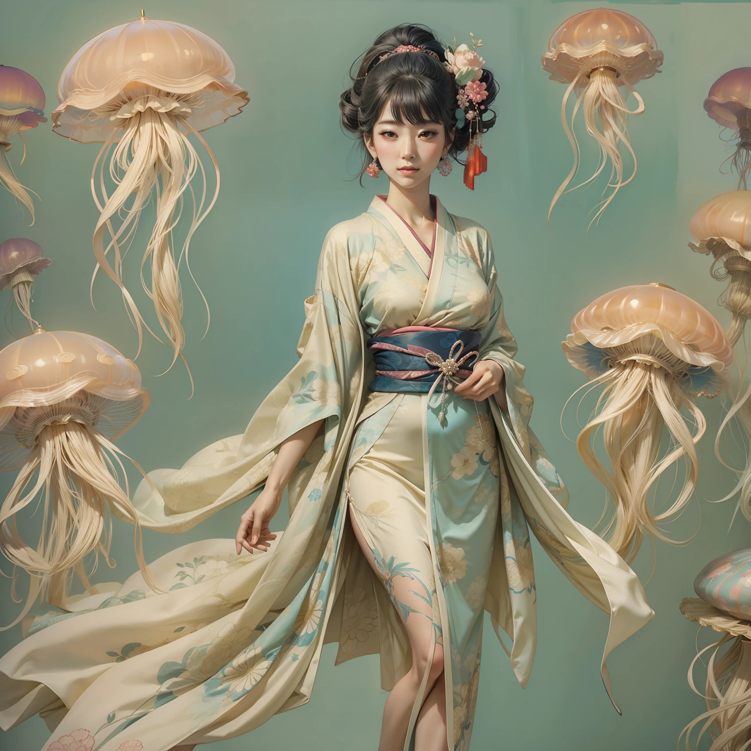 jellyfish woman, with a beautiful dress, full body,ukiyoe style,beautiful hands and legs,beautiful face,kimono style