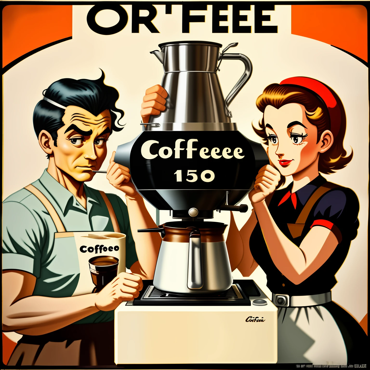 The process of making coffee,1950 poster style,Hand-brewed coffee