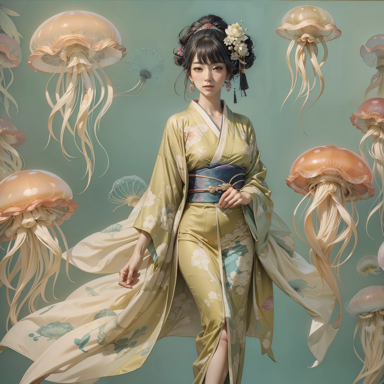 jellyfish woman, with a beautiful dress, full body,ukiyoe style,beautiful hands and legs,beautiful face,kimono style